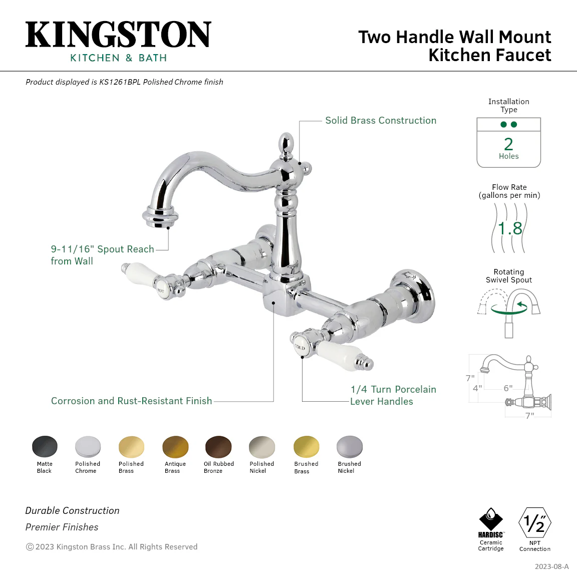 Kingston Heirloom KS1266BPL - Bel-Air Two-Handle 2-Hole Wall Mount Bridge Kitchen Faucet, Polished Nickel - Image 2