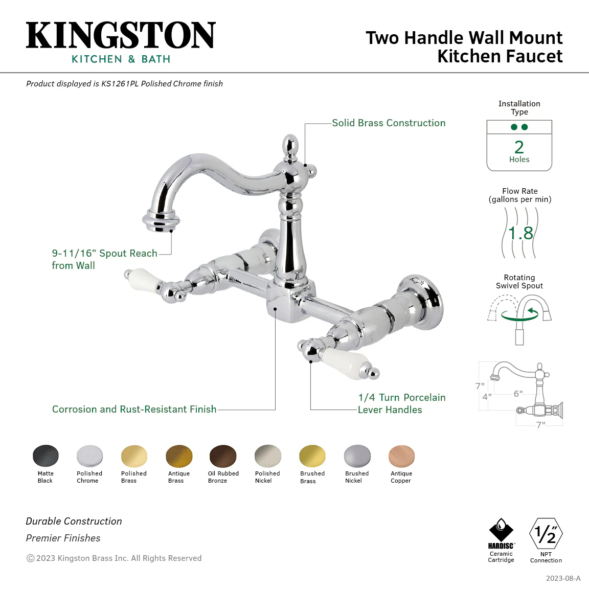 Kingston Heirloom KS1266PL - Heritage Two-Handle 2-Hole Wall Mount Bridge Kitchen Faucet, Polished Nickel - Image 2