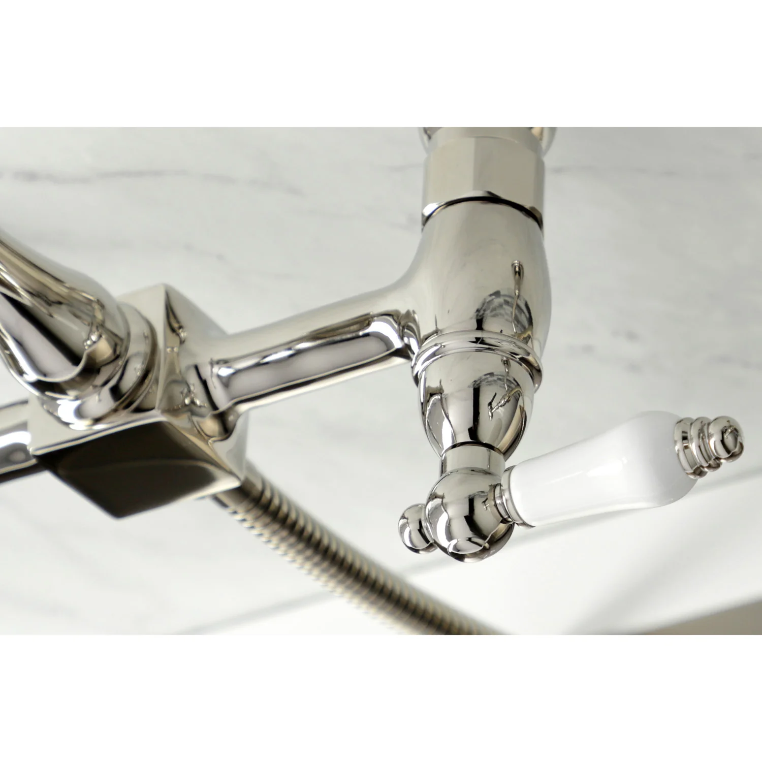 Kingston Heirloom KS1266PLBS - Heritage Two-Handle 3-Hole Wall Mount Bridge Kitchen Faucet with Brass Sprayer, Polished Nickel - Image 2