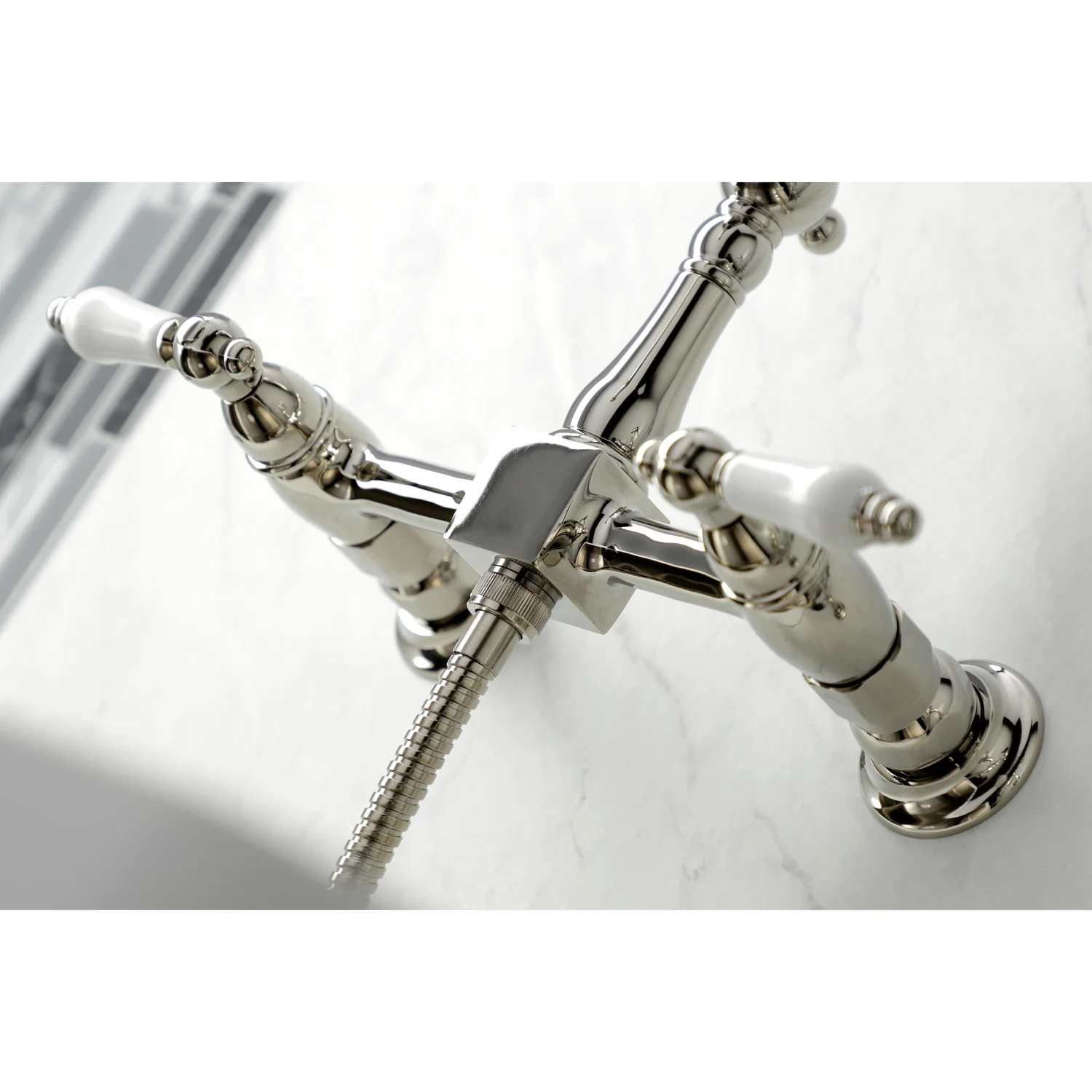 Kingston Heirloom KS1266PLBS - Heritage Two-Handle 3-Hole Wall Mount Bridge Kitchen Faucet with Brass Sprayer, Polished Nickel - Image 3