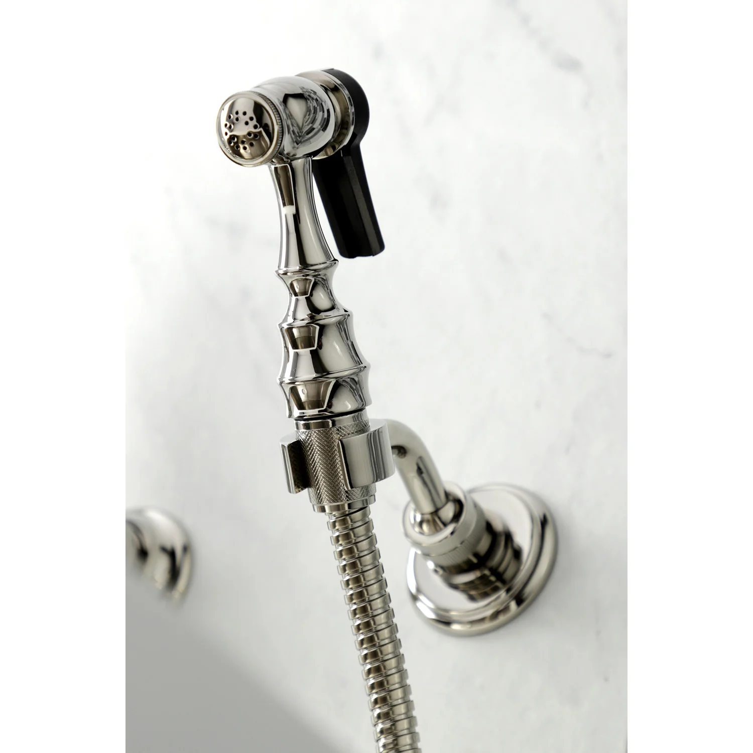 Kingston Heirloom KS1266PLBS - Heritage Two-Handle 3-Hole Wall Mount Bridge Kitchen Faucet with Brass Sprayer, Polished Nickel - Image 4