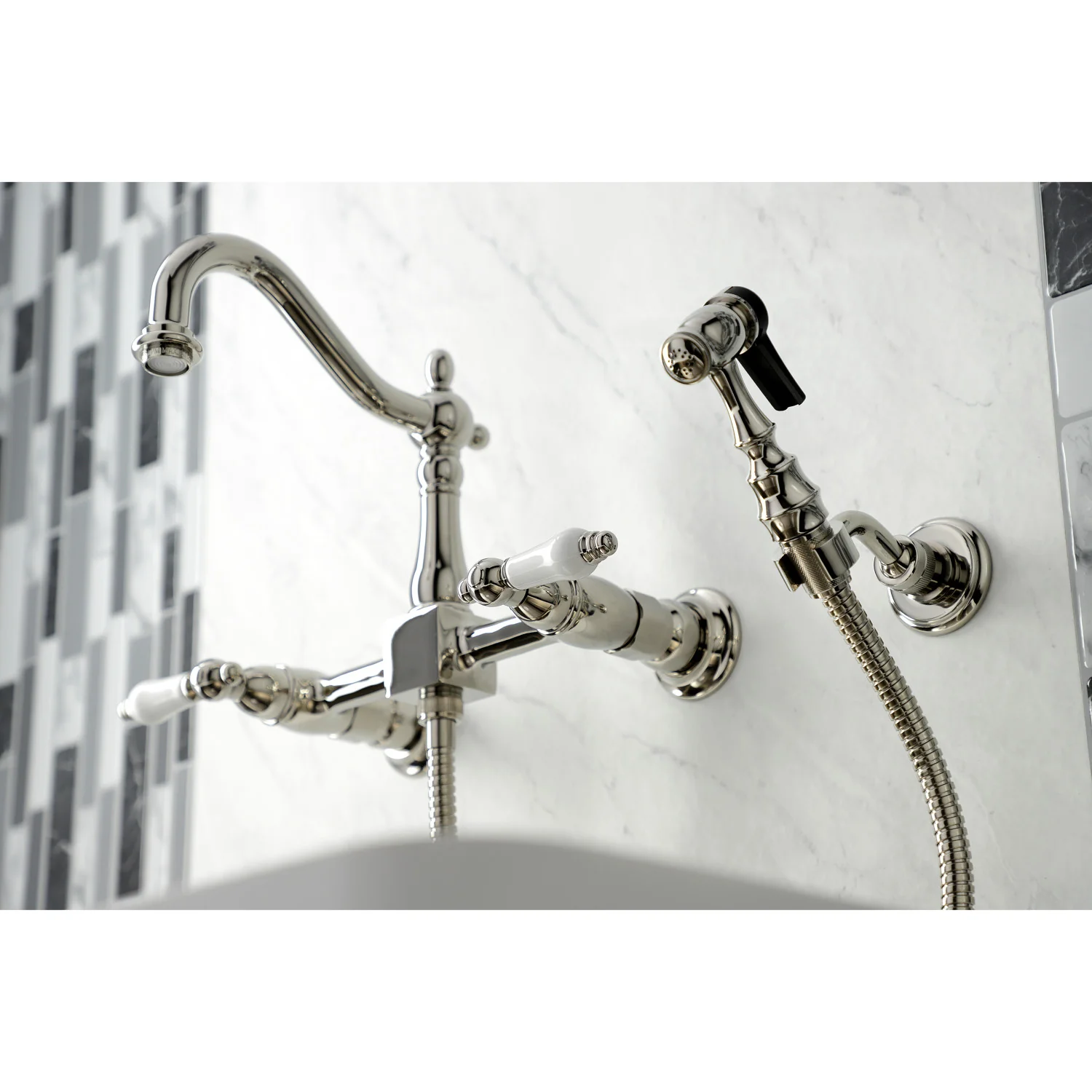 Kingston Heirloom KS1266PLBS - Heritage Two-Handle 3-Hole Wall Mount Bridge Kitchen Faucet with Brass Sprayer, Polished Nickel - Image 6