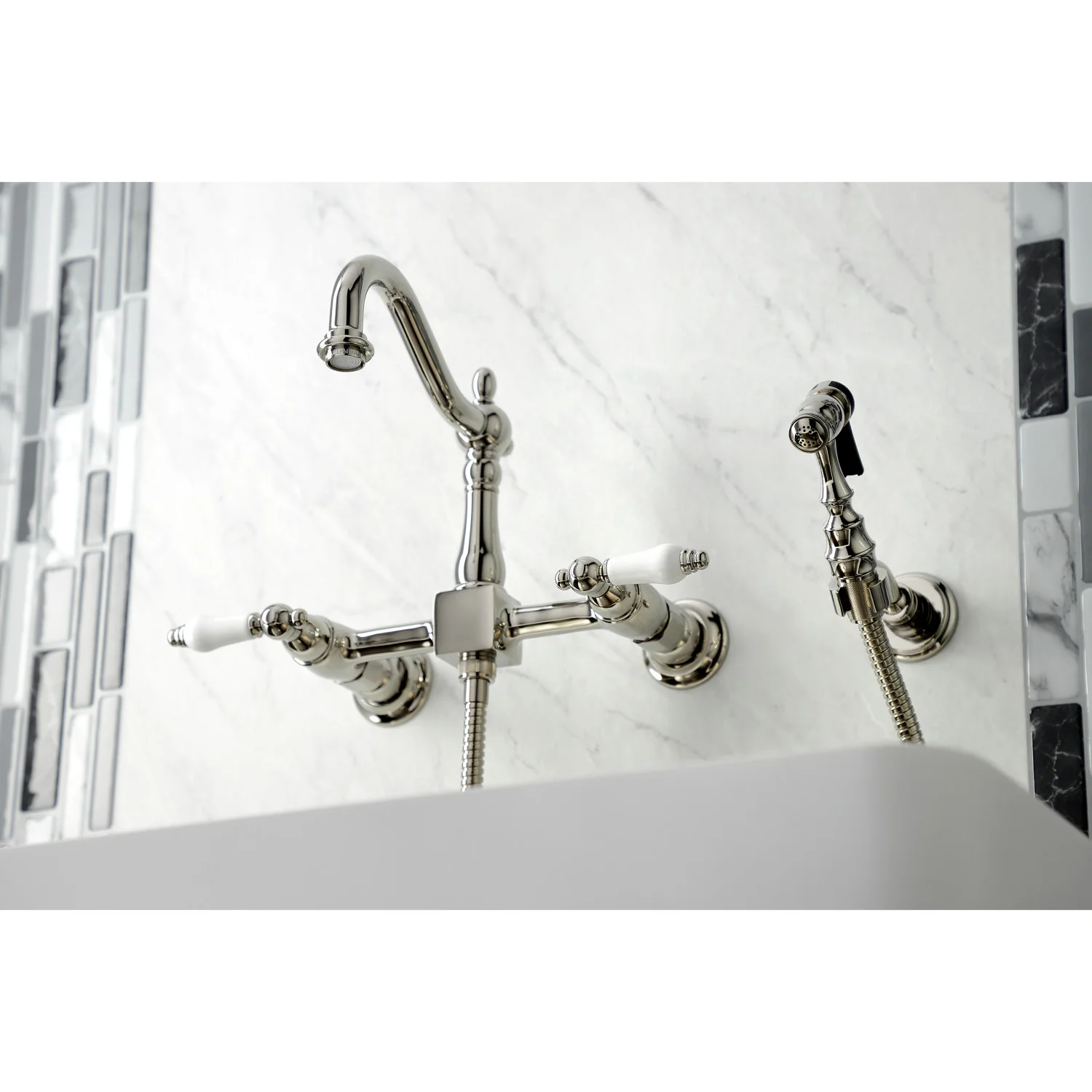 Kingston Heirloom KS1266PLBS - Heritage Two-Handle 3-Hole Wall Mount Bridge Kitchen Faucet with Brass Sprayer, Polished Nickel - Image 7