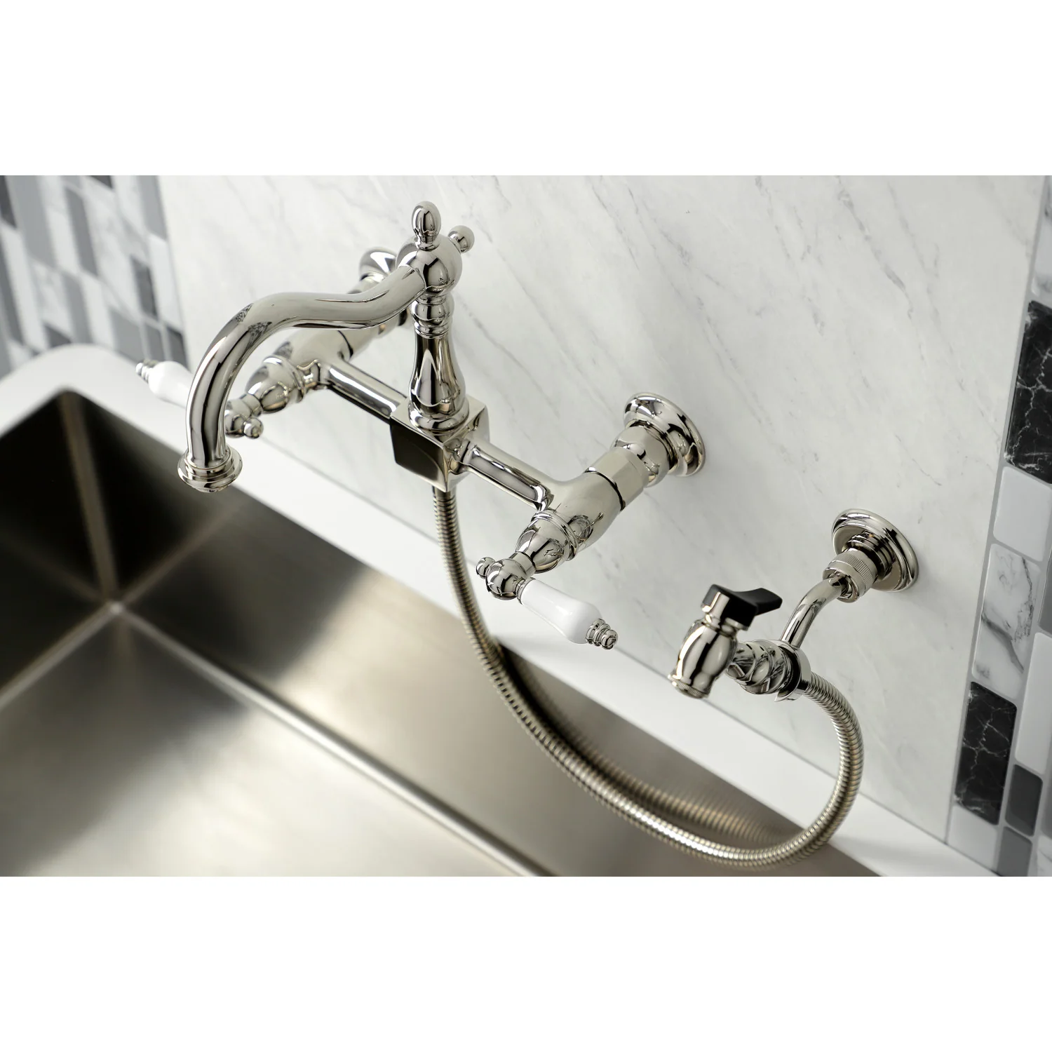Kingston Heirloom KS1266PLBS - Heritage Two-Handle 3-Hole Wall Mount Bridge Kitchen Faucet with Brass Sprayer, Polished Nickel - Image 8