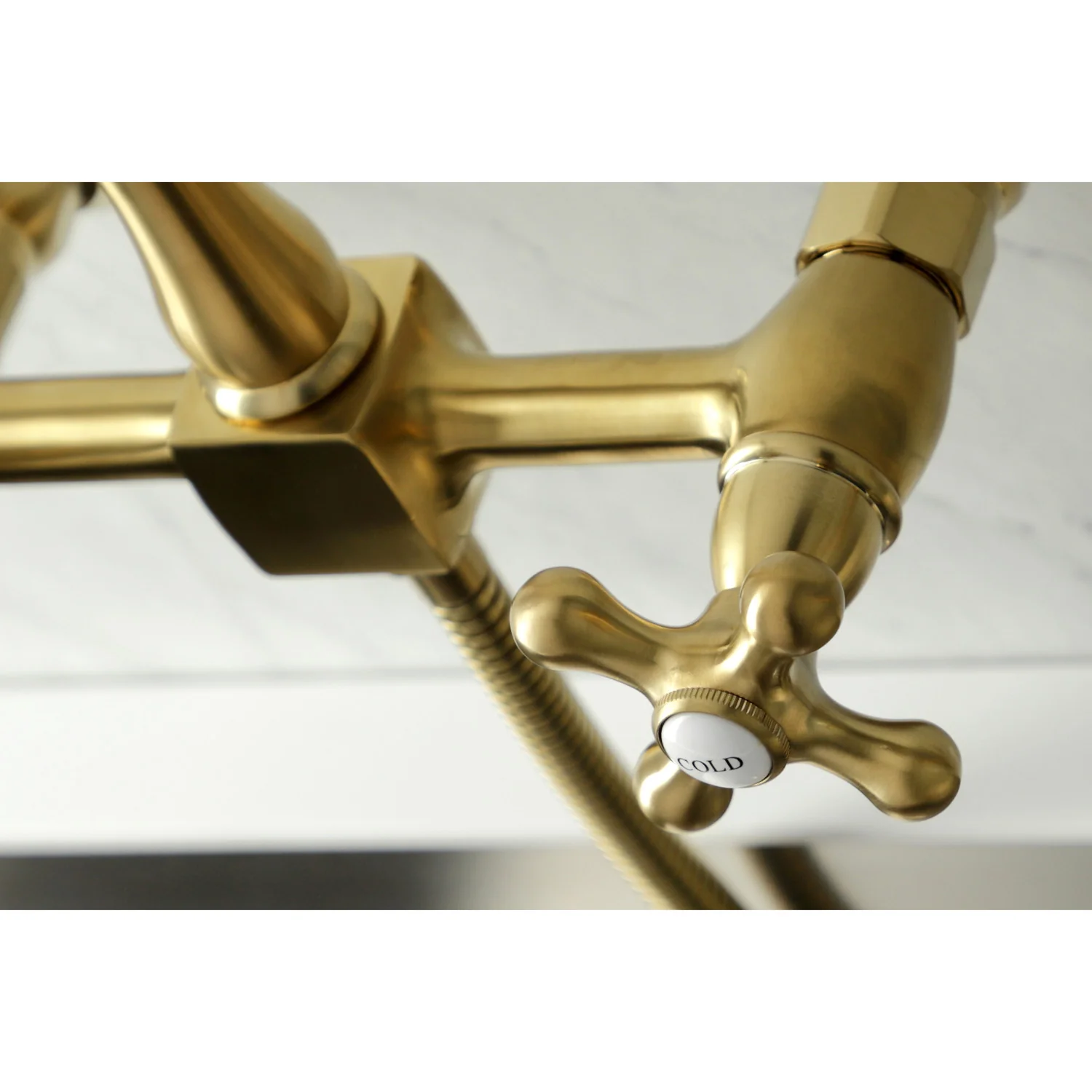 Kingston Heirloom KS1267AXBS - Heritage Two-Handle 3-Hole Wall Mount Bridge Kitchen Faucet with Brass Sprayer, Brushed Brass - Image 2