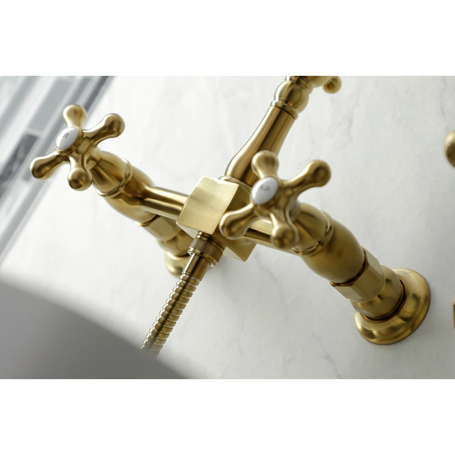 Kingston Heirloom KS1267AXBS - Heritage Two-Handle 3-Hole Wall Mount Bridge Kitchen Faucet with Brass Sprayer, Brushed Brass - Image 3
