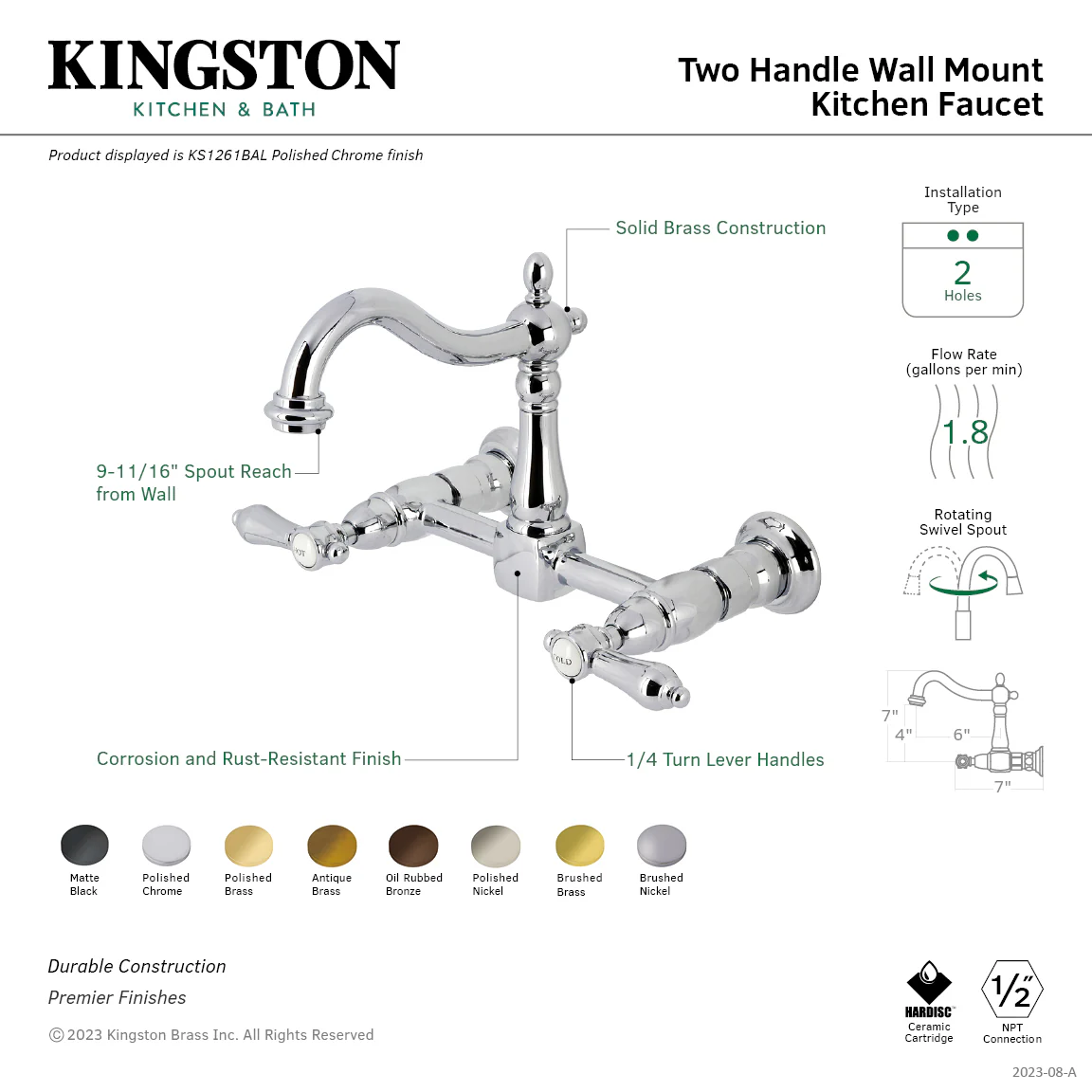 Kingston Heirloom KS1267BAL - Heirloom Two-Handle 2-Hole Wall Mount Bridge Kitchen Faucet, Brushed Brass - Image 2