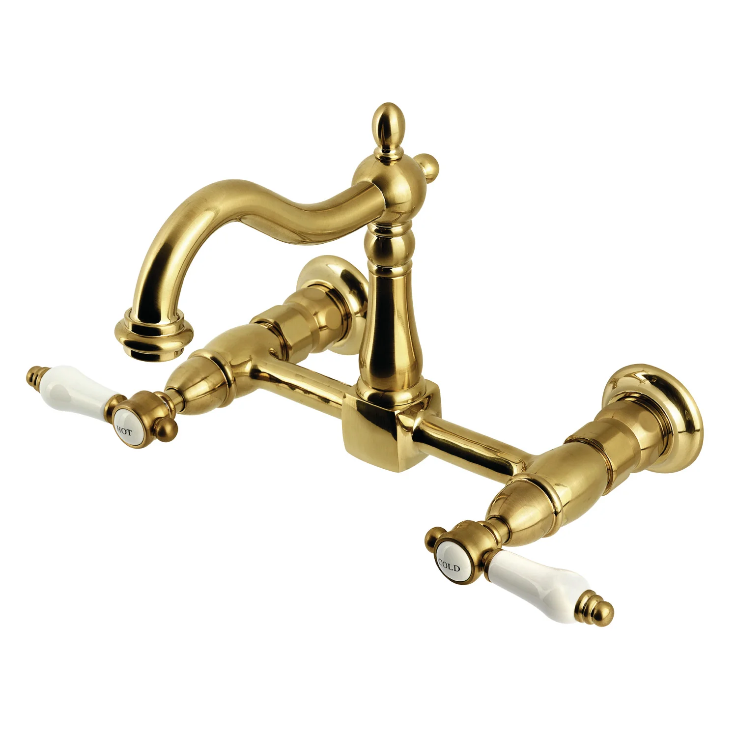 Kingston Heirloom KS1267BPL - Bel-Air Two-Handle 2-Hole Wall Mount Bridge Kitchen Faucet, Brushed Brass