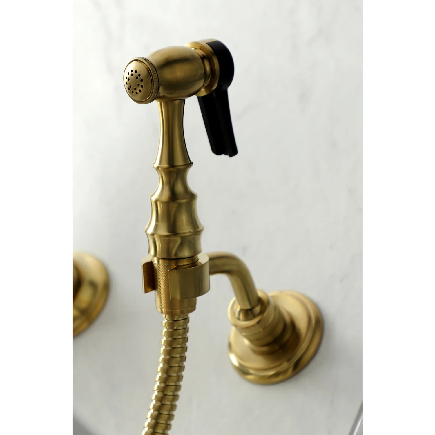 Kingston Heirloom KS1267PLBS - Heritage Two-Handle 3-Hole Wall Mount Bridge Kitchen Faucet with Brass Sprayer, Brushed Brass - Image 4