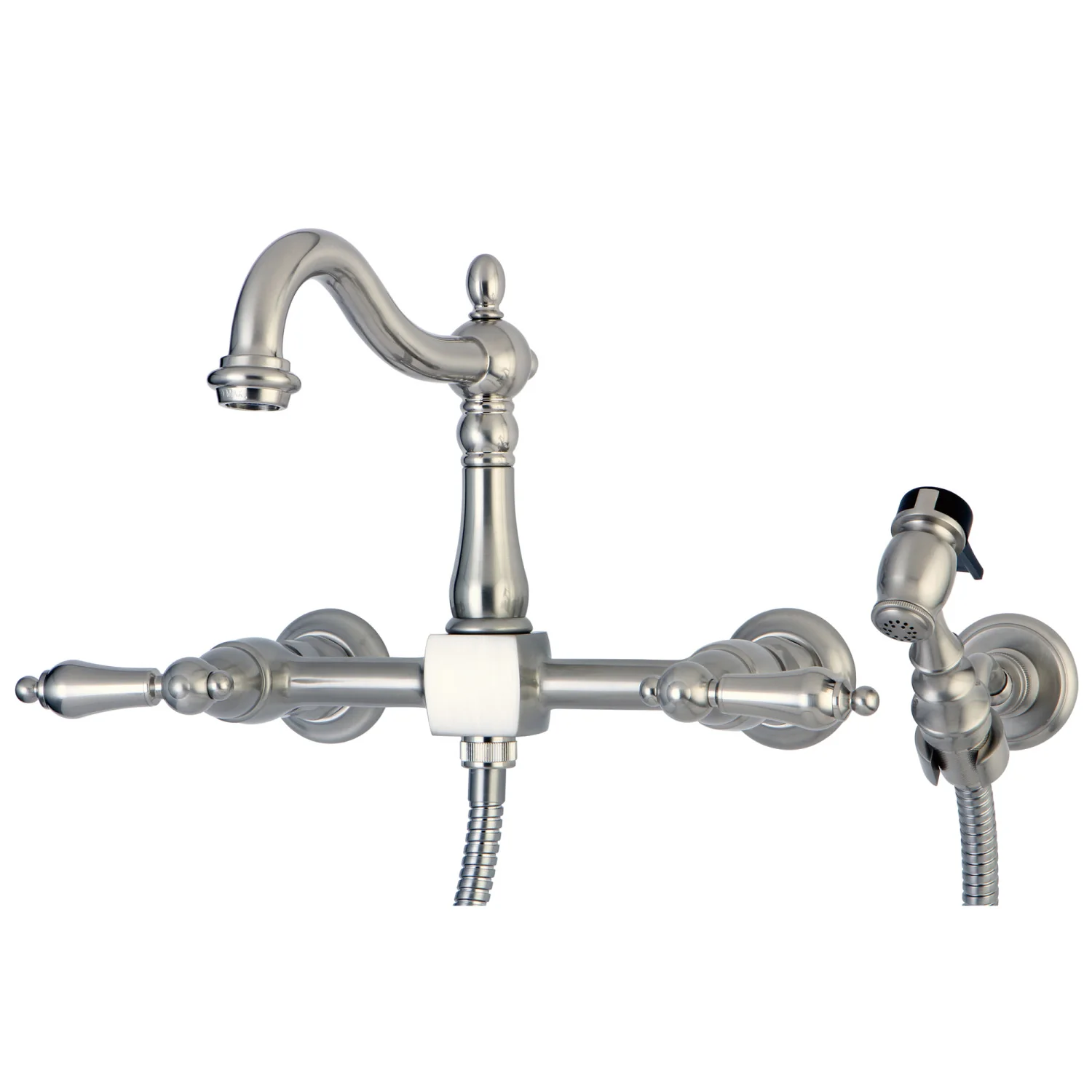 Kingston Heirloom KS1268ALBS - Heritage Two-Handle 3-Hole Wall Mount Bridge Kitchen Faucet with Brass Sprayer, Brushed Nickel