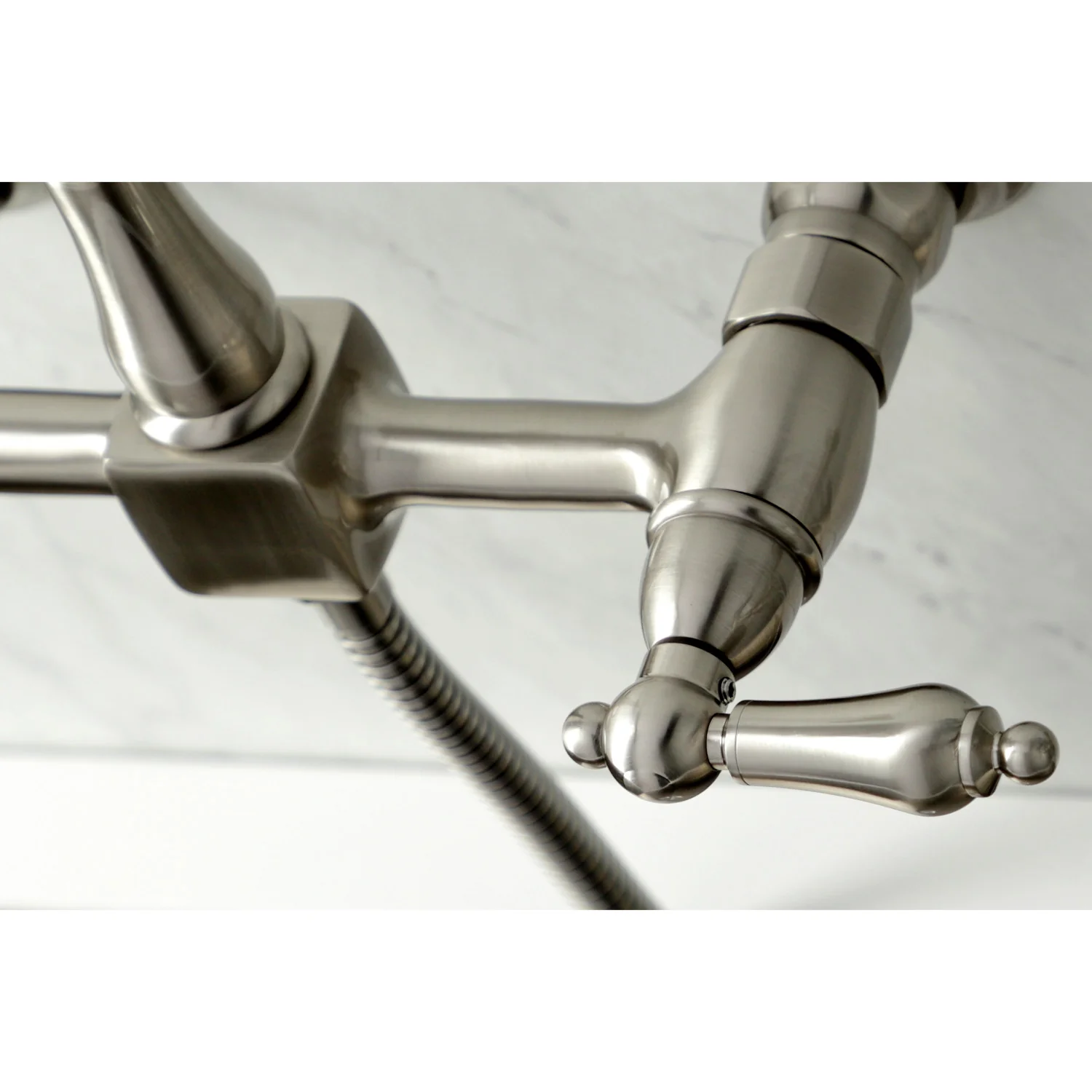 Kingston Heirloom KS1268ALBS - Heritage Two-Handle 3-Hole Wall Mount Bridge Kitchen Faucet with Brass Sprayer, Brushed Nickel - Image 3