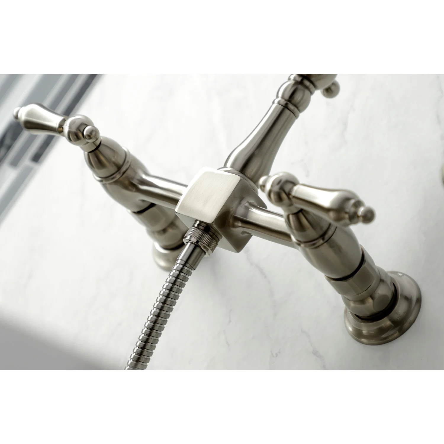 Kingston Heirloom KS1268ALBS - Heritage Two-Handle 3-Hole Wall Mount Bridge Kitchen Faucet with Brass Sprayer, Brushed Nickel - Image 4