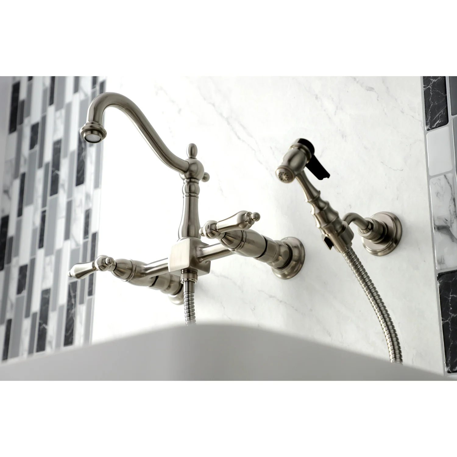 Kingston Heirloom KS1268ALBS - Heritage Two-Handle 3-Hole Wall Mount Bridge Kitchen Faucet with Brass Sprayer, Brushed Nickel - Image 8