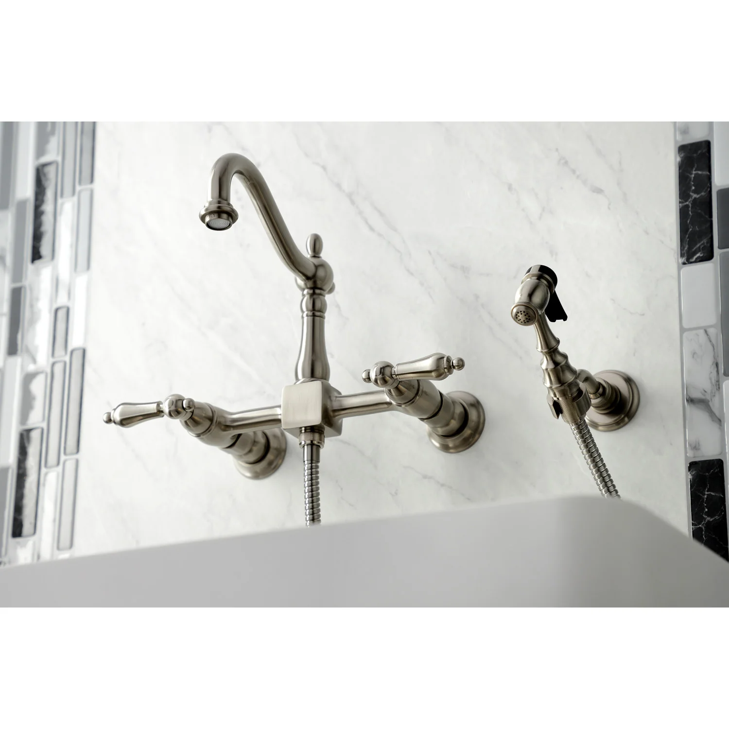 Kingston Heirloom KS1268ALBS - Heritage Two-Handle 3-Hole Wall Mount Bridge Kitchen Faucet with Brass Sprayer, Brushed Nickel - Image 9