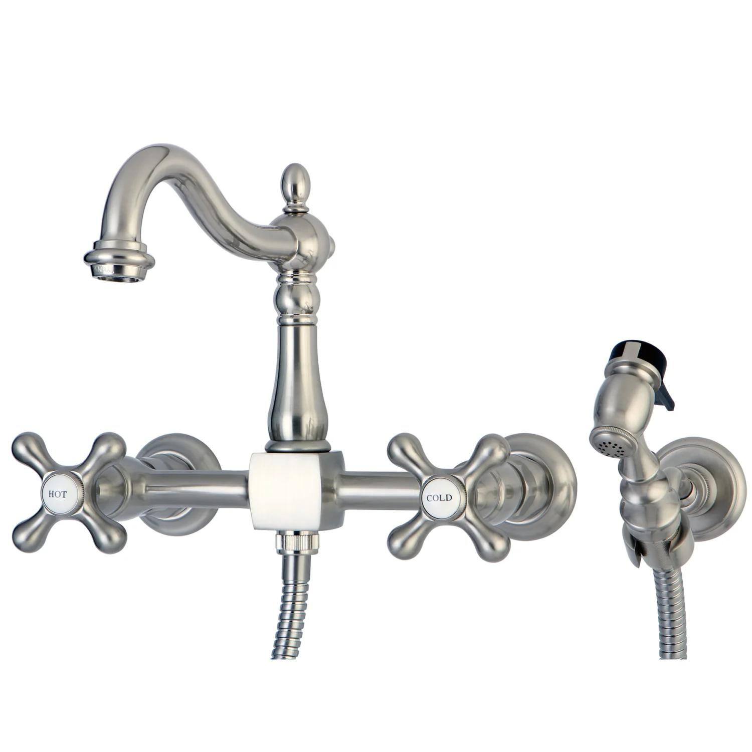 Kingston Heirloom KS1268AXBS - Heritage Two-Handle 3-Hole Wall Mount Bridge Kitchen Faucet with Brass Sprayer, Brushed Nickel