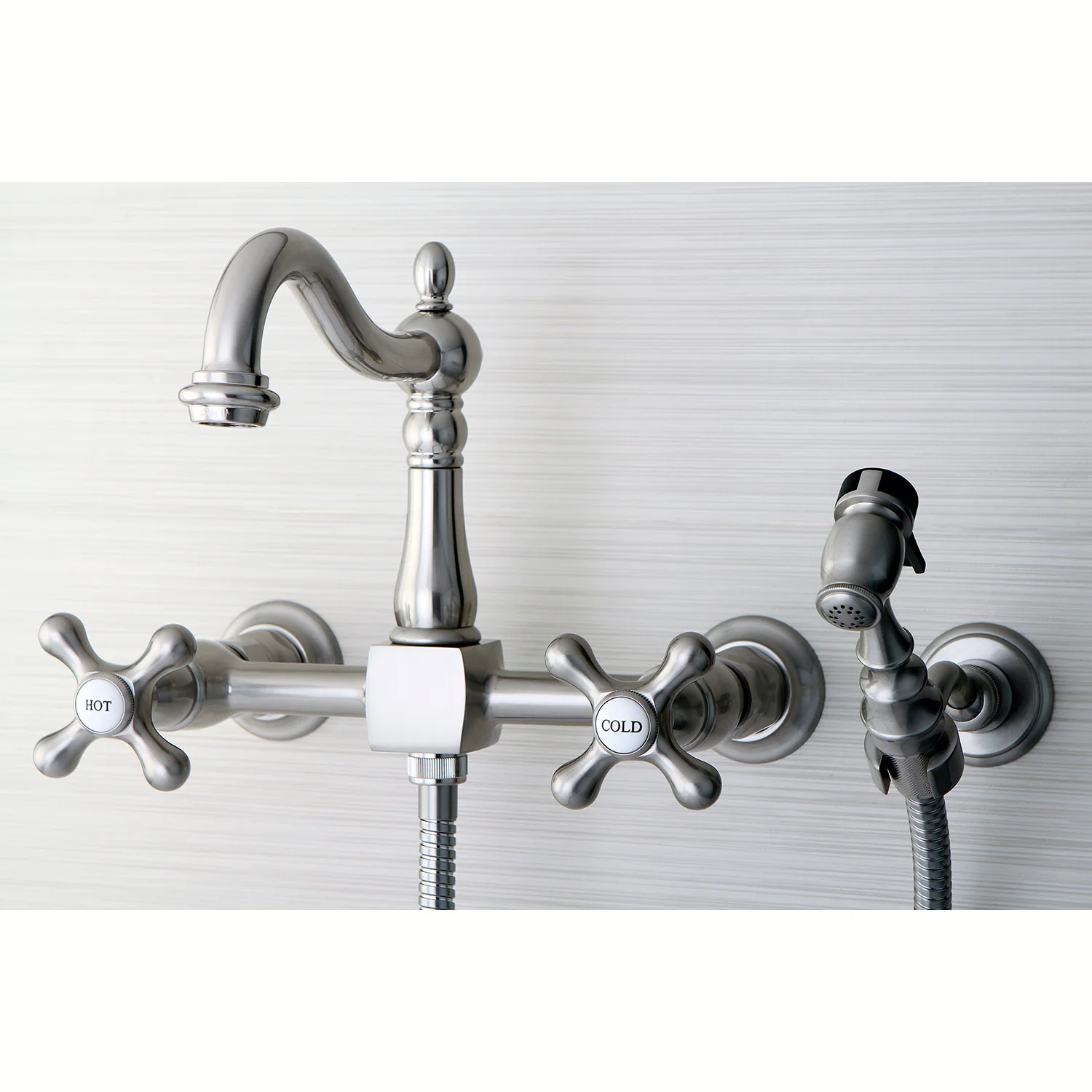 Kingston Heirloom KS1268AXBS - Heritage Two-Handle 3-Hole Wall Mount Bridge Kitchen Faucet with Brass Sprayer, Brushed Nickel - Image 2