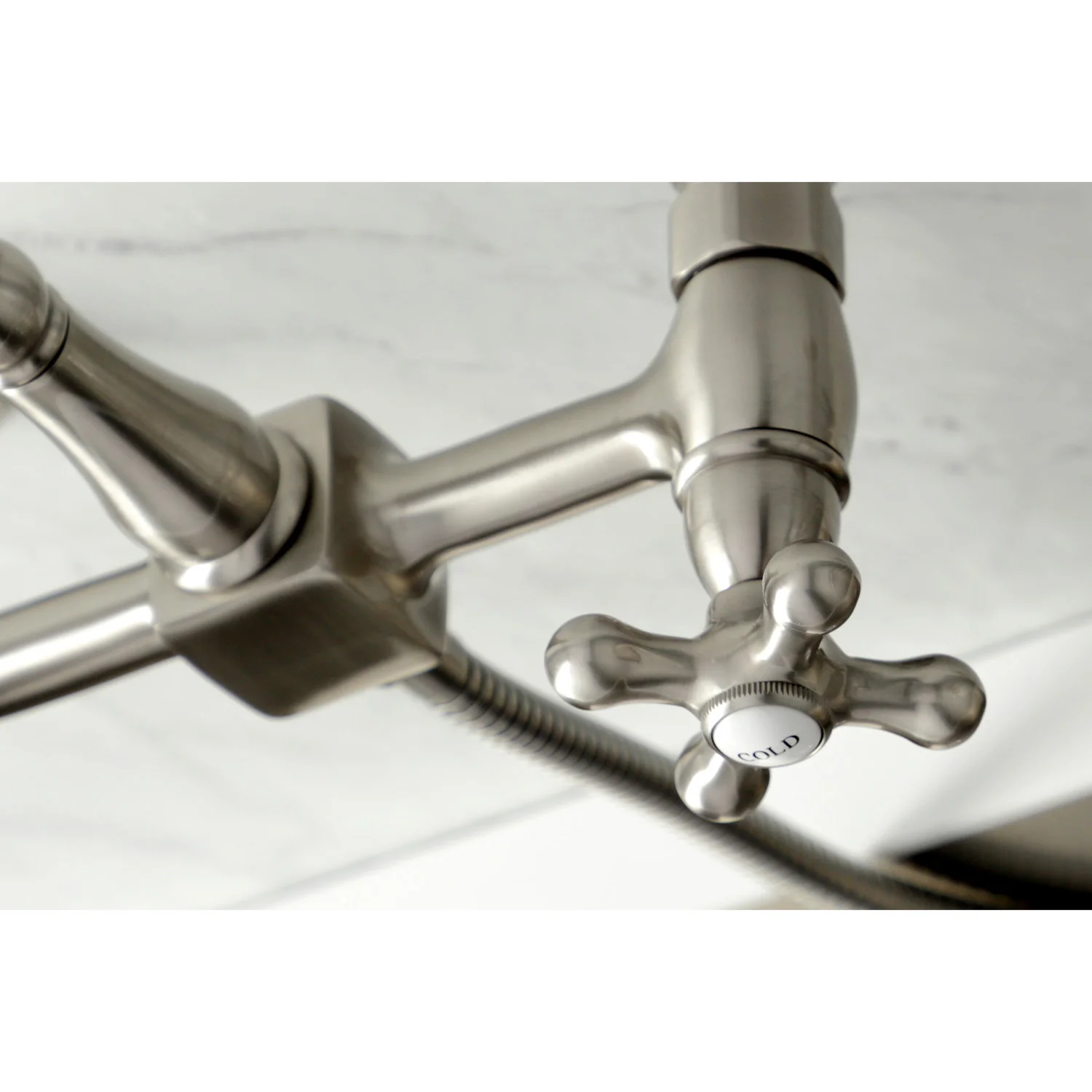Kingston Heirloom KS1268AXBS - Heritage Two-Handle 3-Hole Wall Mount Bridge Kitchen Faucet with Brass Sprayer, Brushed Nickel - Image 3