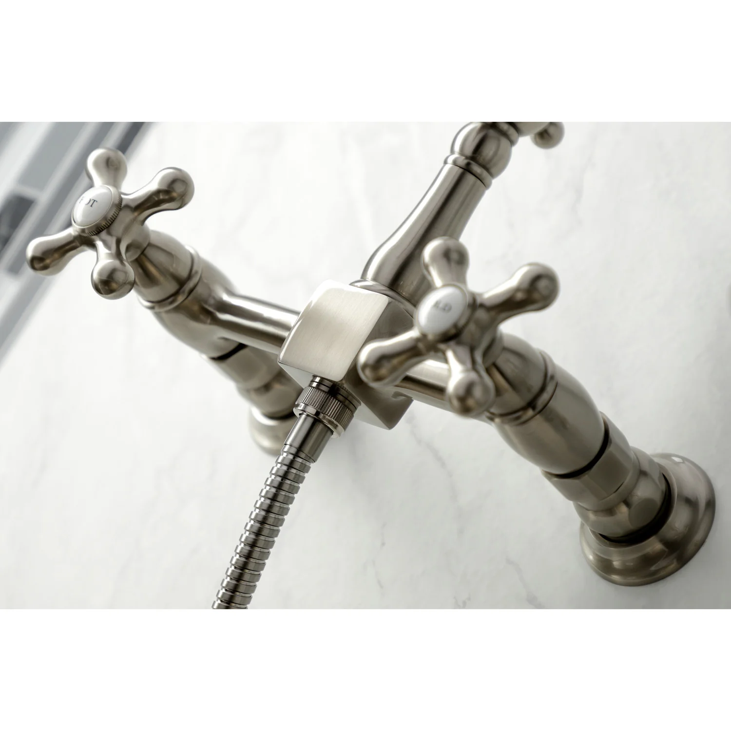Kingston Heirloom KS1268AXBS - Heritage Two-Handle 3-Hole Wall Mount Bridge Kitchen Faucet with Brass Sprayer, Brushed Nickel - Image 4