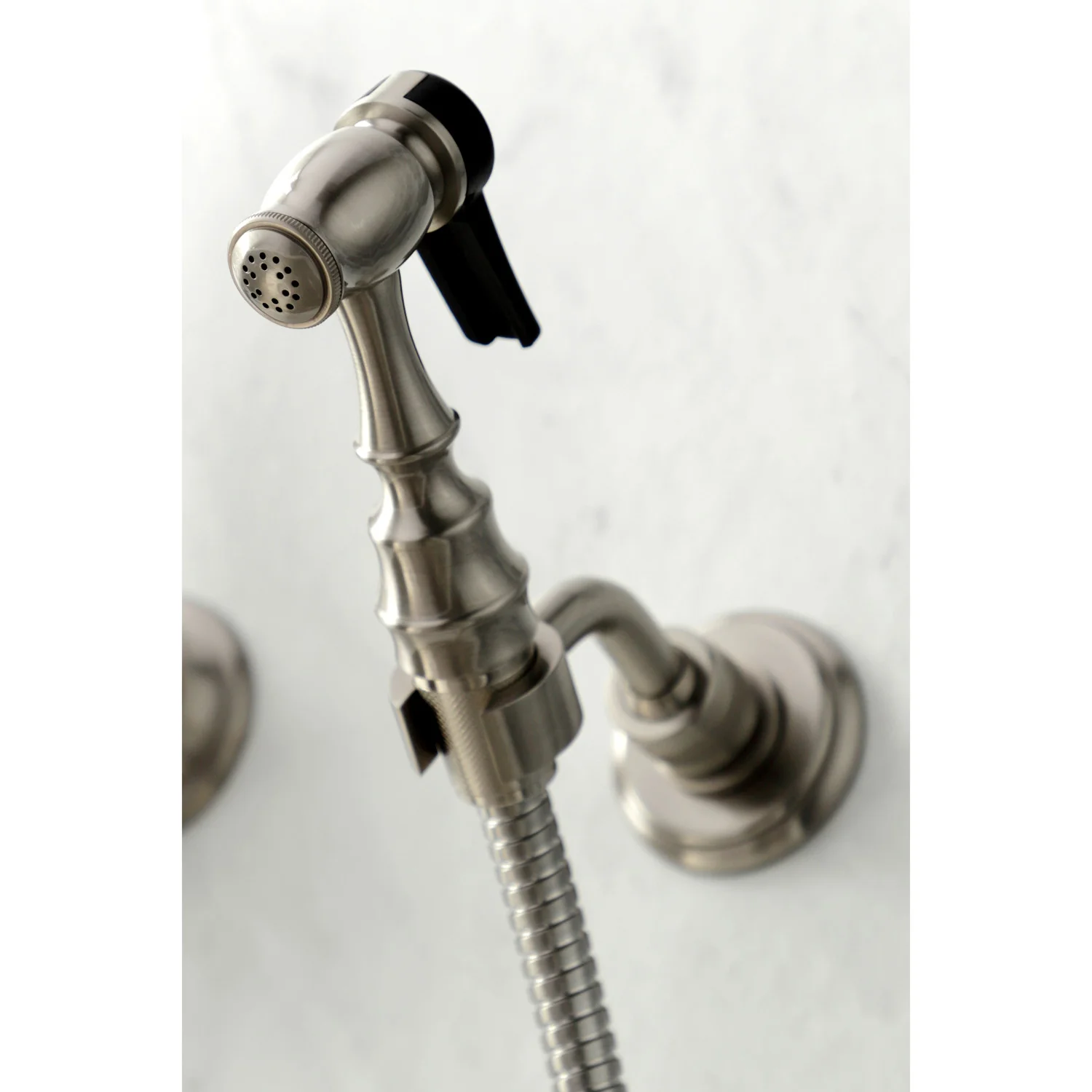 Kingston Heirloom KS1268AXBS - Heritage Two-Handle 3-Hole Wall Mount Bridge Kitchen Faucet with Brass Sprayer, Brushed Nickel - Image 5