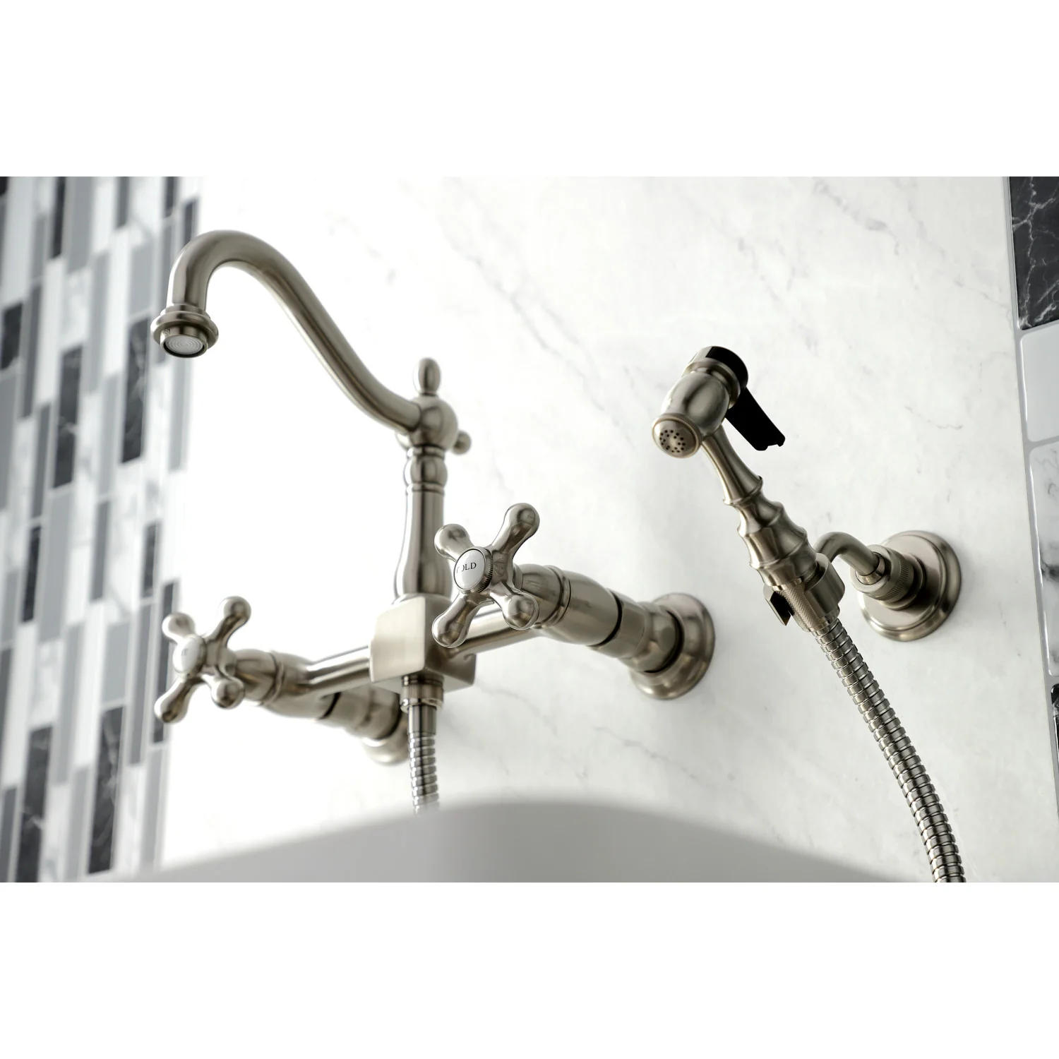 Kingston Heirloom KS1268AXBS - Heritage Two-Handle 3-Hole Wall Mount Bridge Kitchen Faucet with Brass Sprayer, Brushed Nickel - Image 8