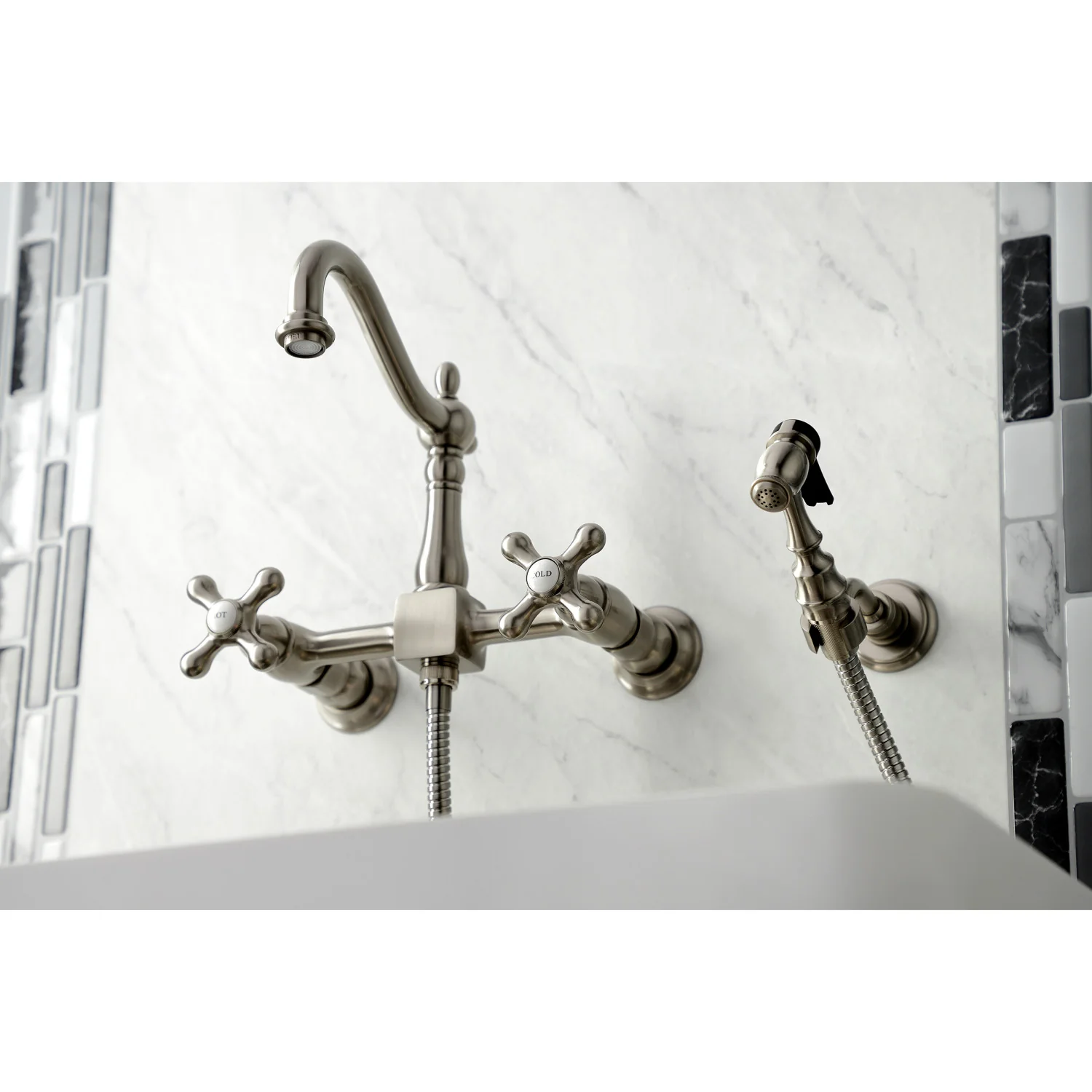 Kingston Heirloom KS1268AXBS - Heritage Two-Handle 3-Hole Wall Mount Bridge Kitchen Faucet with Brass Sprayer, Brushed Nickel - Image 9