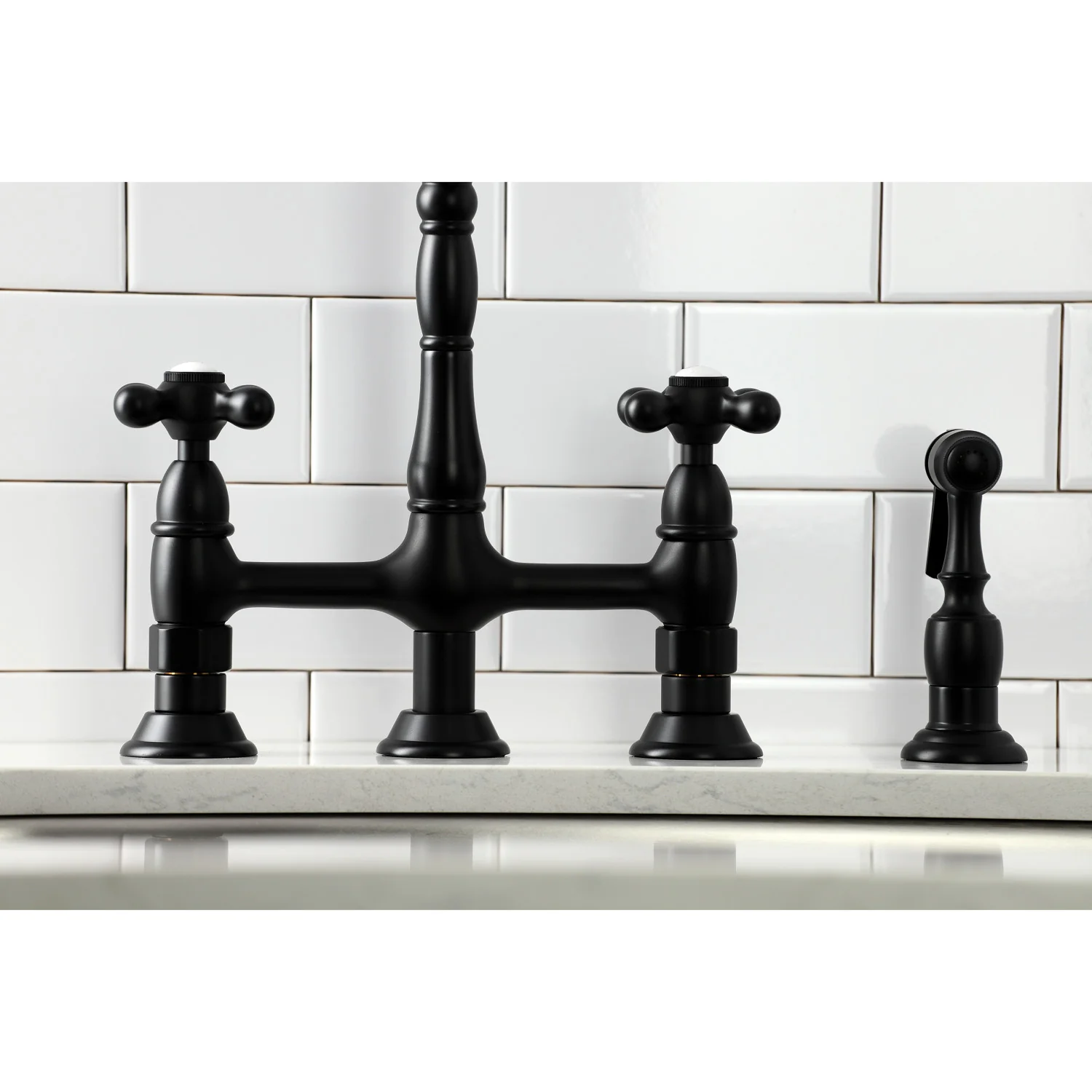 Kingston Heirloom KS1270AXBS - Heritage Two-Handle 4-Hole Deck Mount Bridge Kitchen Faucet with Brass Sprayer, Matte Black - Image 4