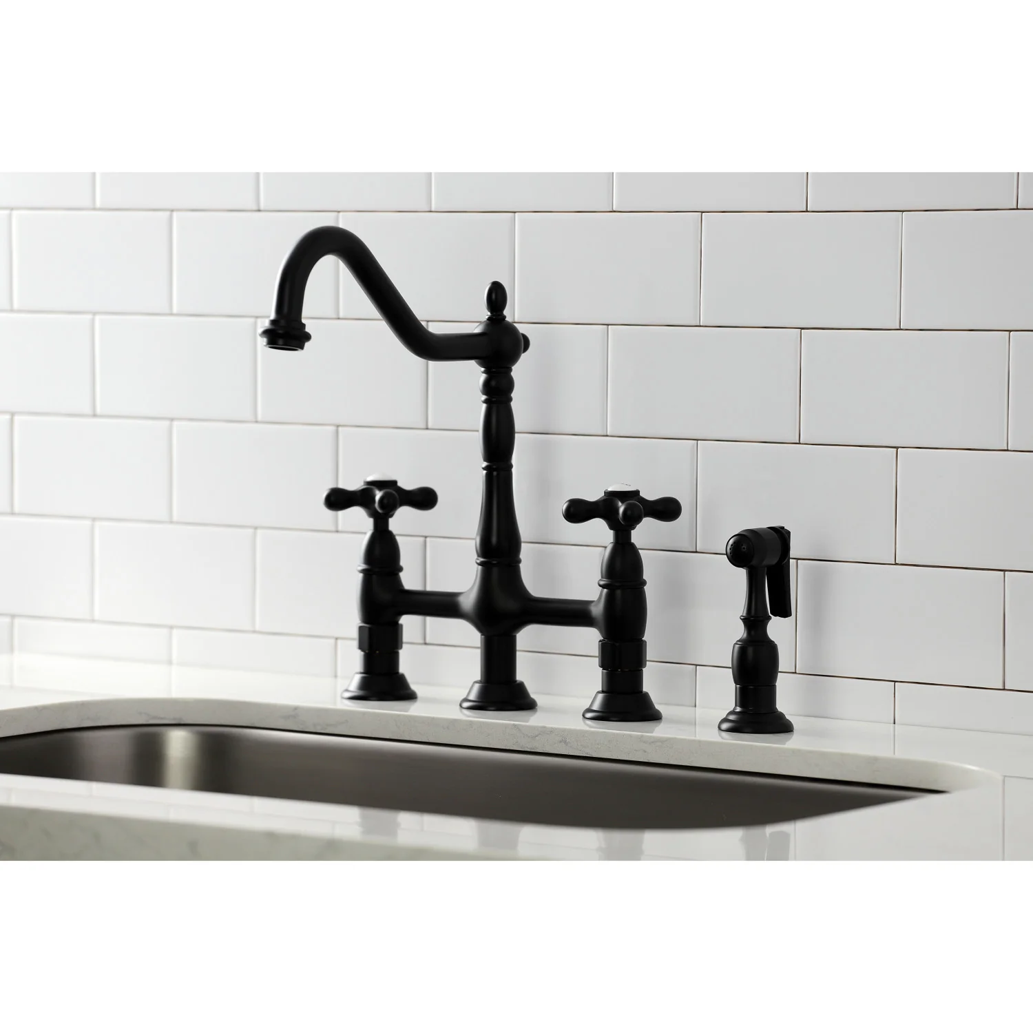 Kingston Heirloom KS1270AXBS - Heritage Two-Handle 4-Hole Deck Mount Bridge Kitchen Faucet with Brass Sprayer, Matte Black - Image 6