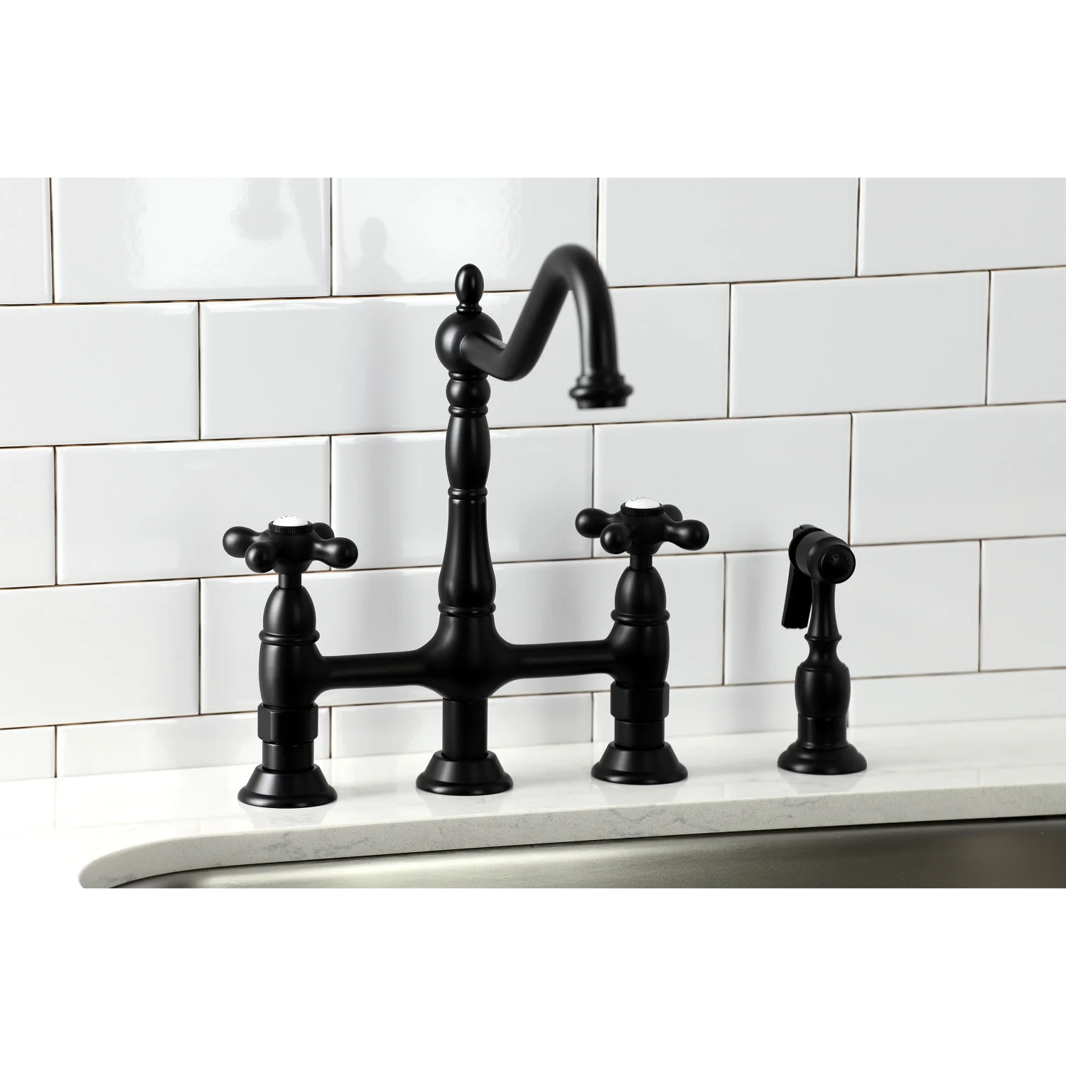 Kingston Heirloom KS1270AXBS - Heritage Two-Handle 4-Hole Deck Mount Bridge Kitchen Faucet with Brass Sprayer, Matte Black - Image 7