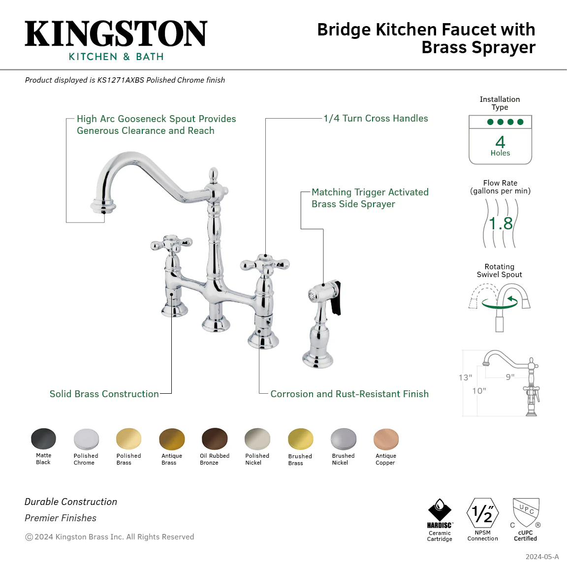 Kingston Heirloom KS1270AXBS - Heritage Two-Handle 4-Hole Deck Mount Bridge Kitchen Faucet with Brass Sprayer, Matte Black - Image 8