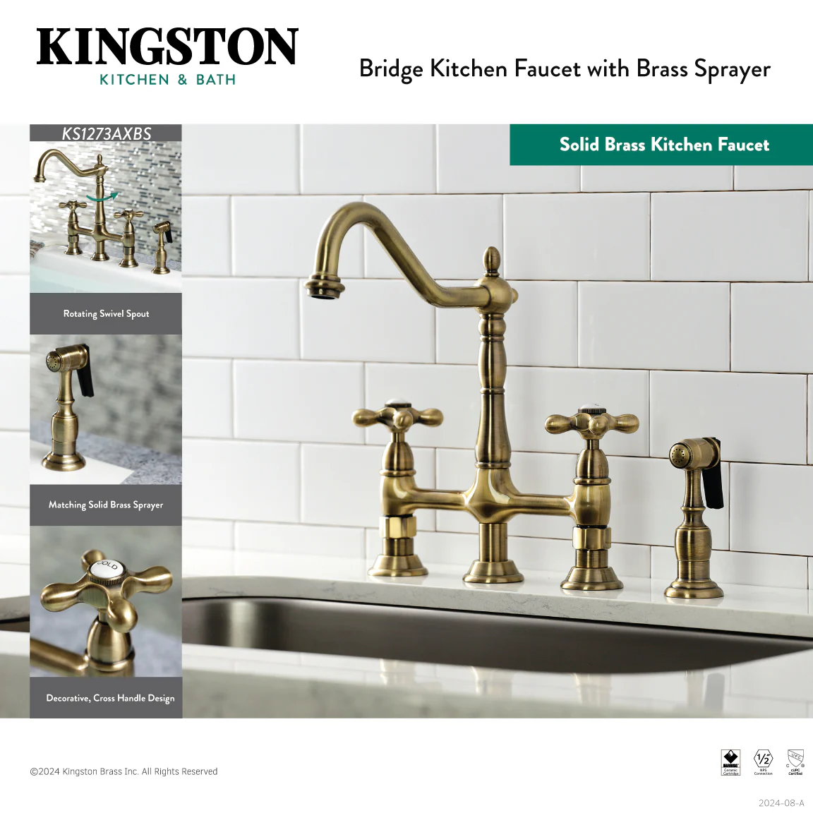 Kingston Heirloom KS1270AXBS - Heritage Two-Handle 4-Hole Deck Mount Bridge Kitchen Faucet with Brass Sprayer, Matte Black - Image 9