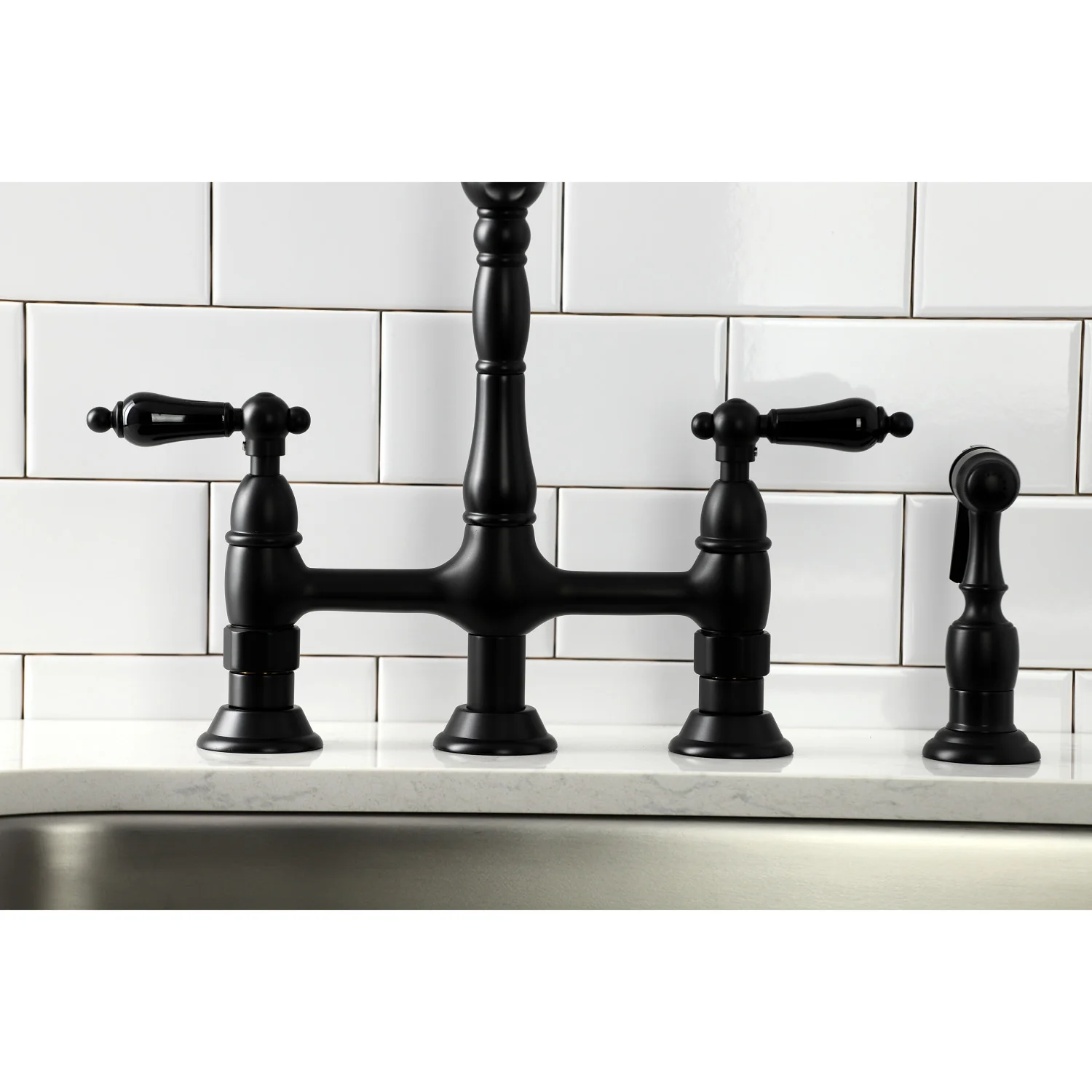 Kingston Heirloom KS1270PKLBS - Duchess Two-Handle 4-Hole Deck Mount Bridge Kitchen Faucet with Brass Sprayer, Matte Black - Image 4