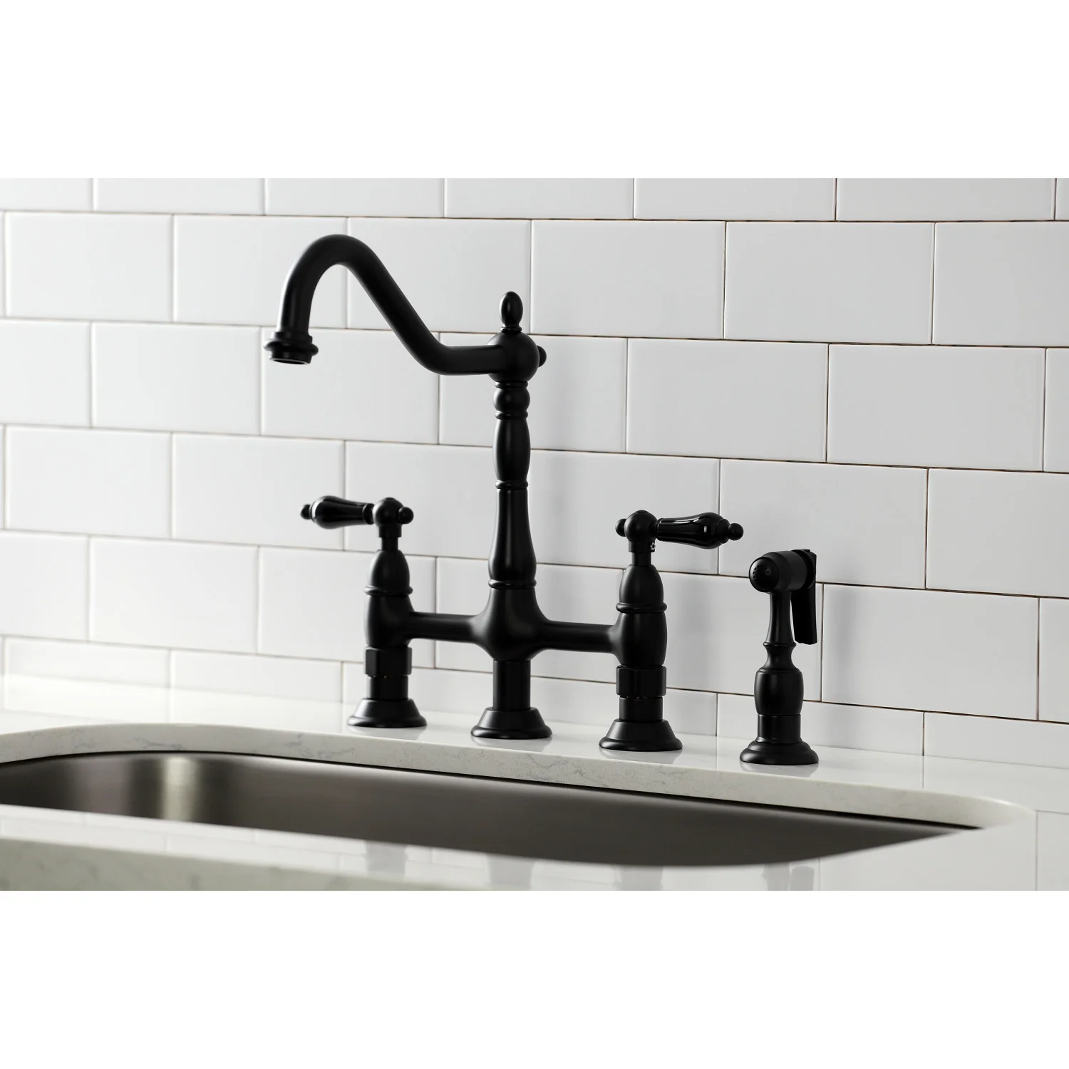 Kingston Heirloom KS1270PKLBS - Duchess Two-Handle 4-Hole Deck Mount Bridge Kitchen Faucet with Brass Sprayer, Matte Black - Image 6