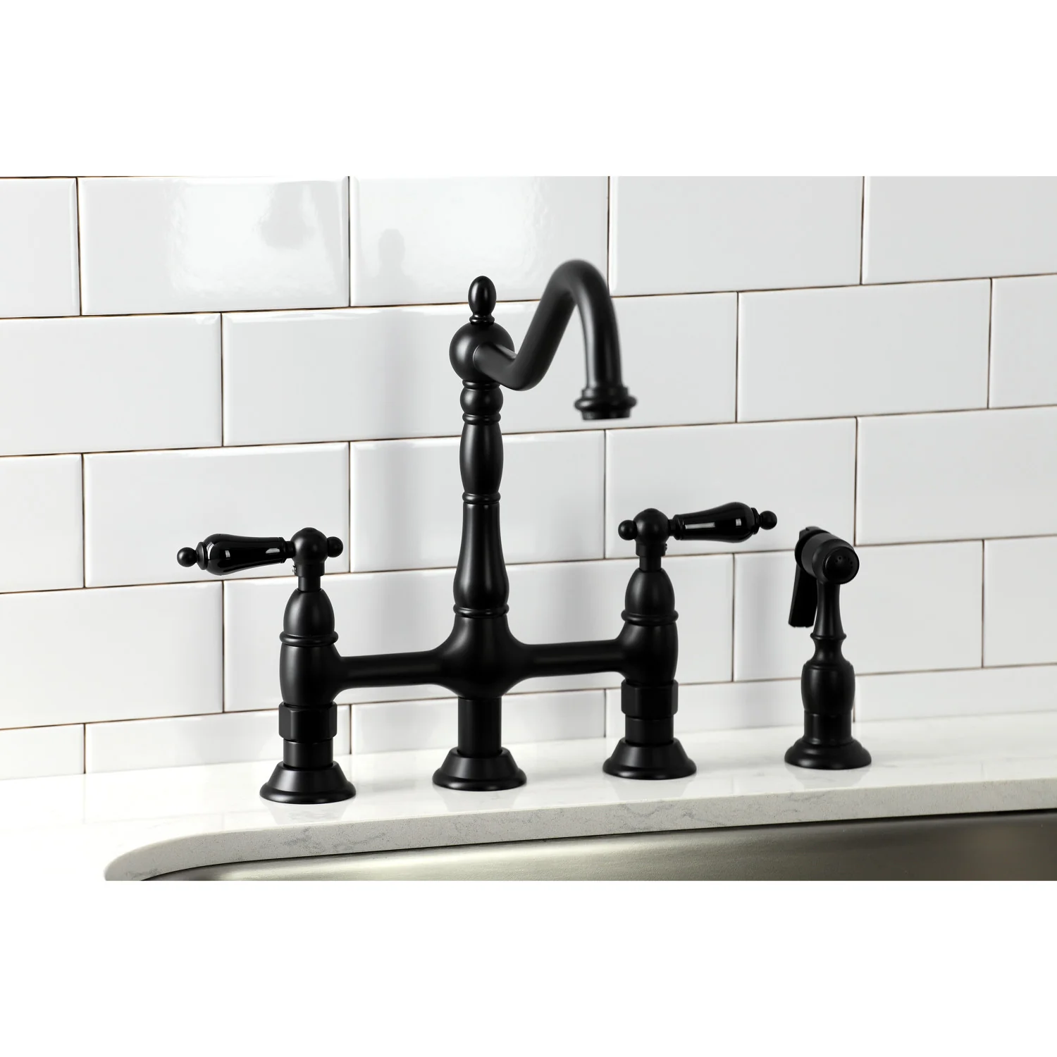 Kingston Heirloom KS1270PKLBS - Duchess Two-Handle 4-Hole Deck Mount Bridge Kitchen Faucet with Brass Sprayer, Matte Black - Image 7