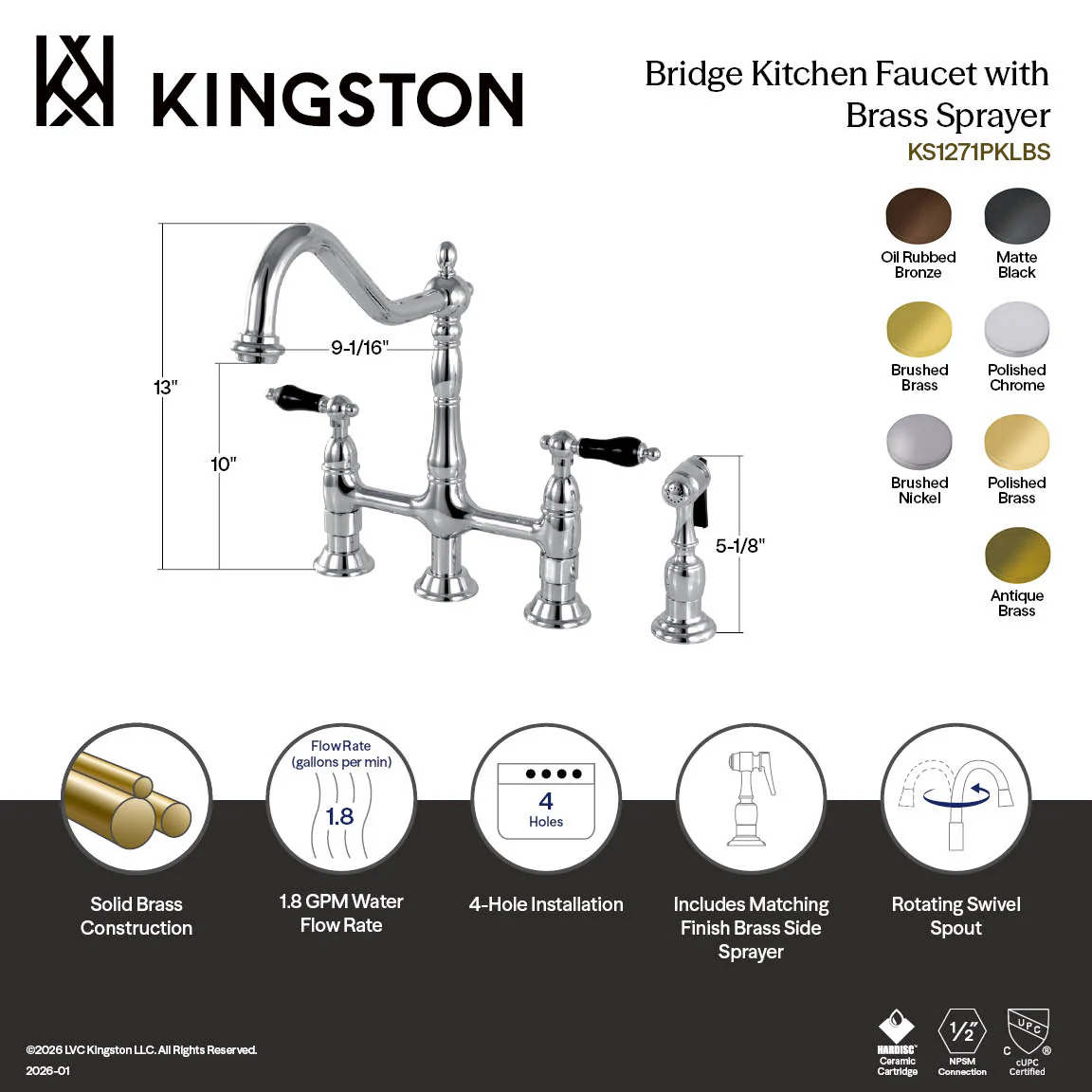 Kingston Heirloom KS1270PKLBS - Duchess Two-Handle 4-Hole Deck Mount Bridge Kitchen Faucet with Brass Sprayer, Matte Black - Image 8