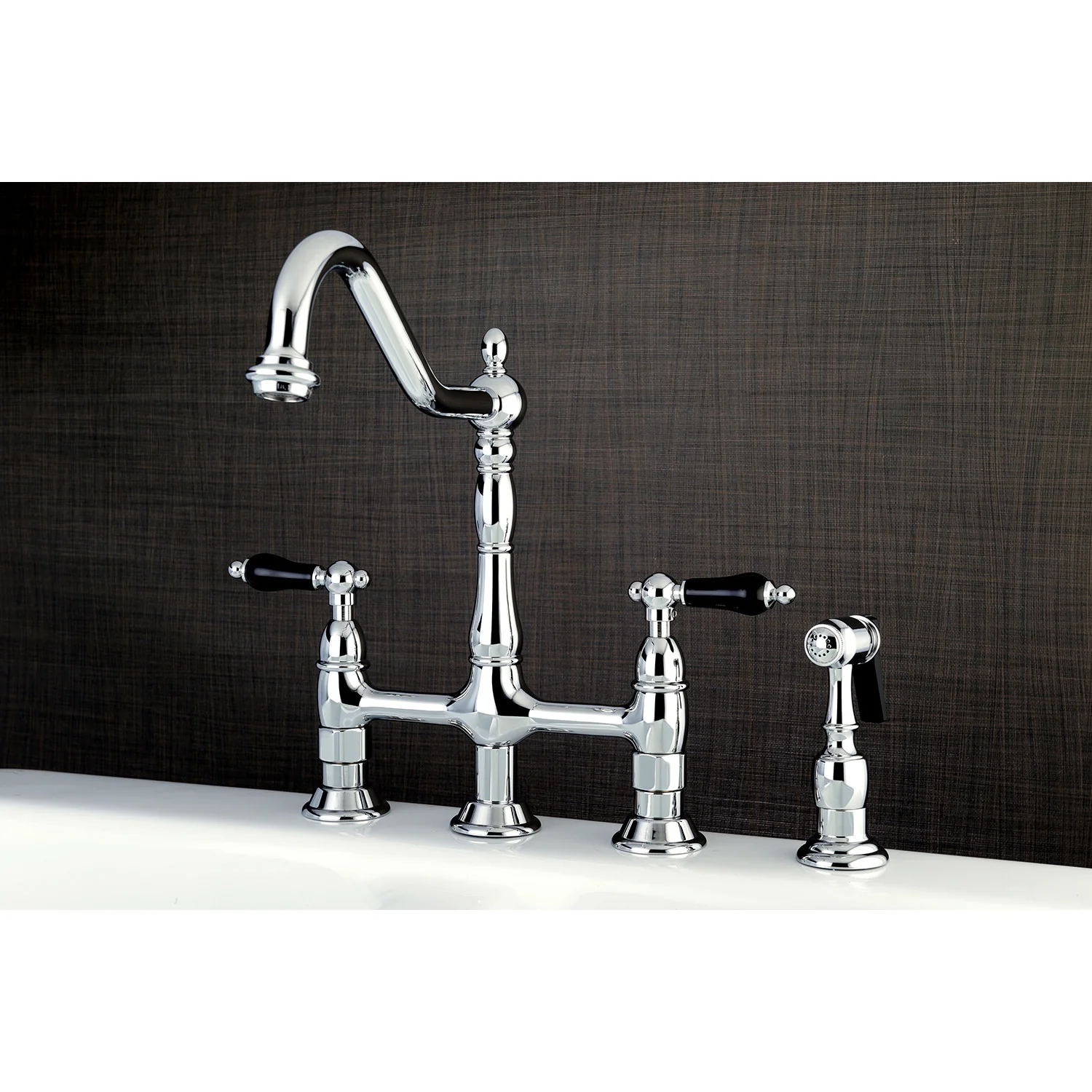 Kingston Heirloom KS1271PKLBS - Duchess Two-Handle 4-Hole Deck Mount Bridge Kitchen Faucet with Brass Sprayer, Polished Chrome - Image 3