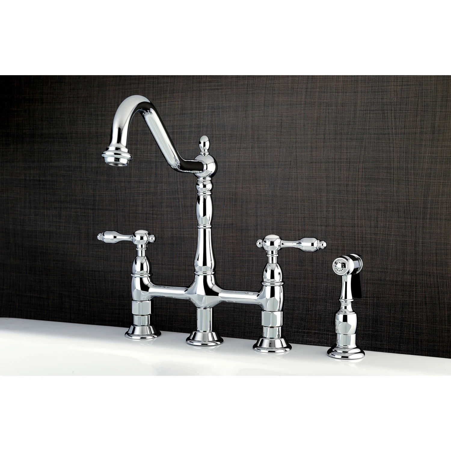 Kingston Heirloom KS1271TALBS - Tudor Two-Handle 4-Hole Deck Mount Bridge Kitchen Faucet with Brass Sprayer, Polished Chrome - Image 3