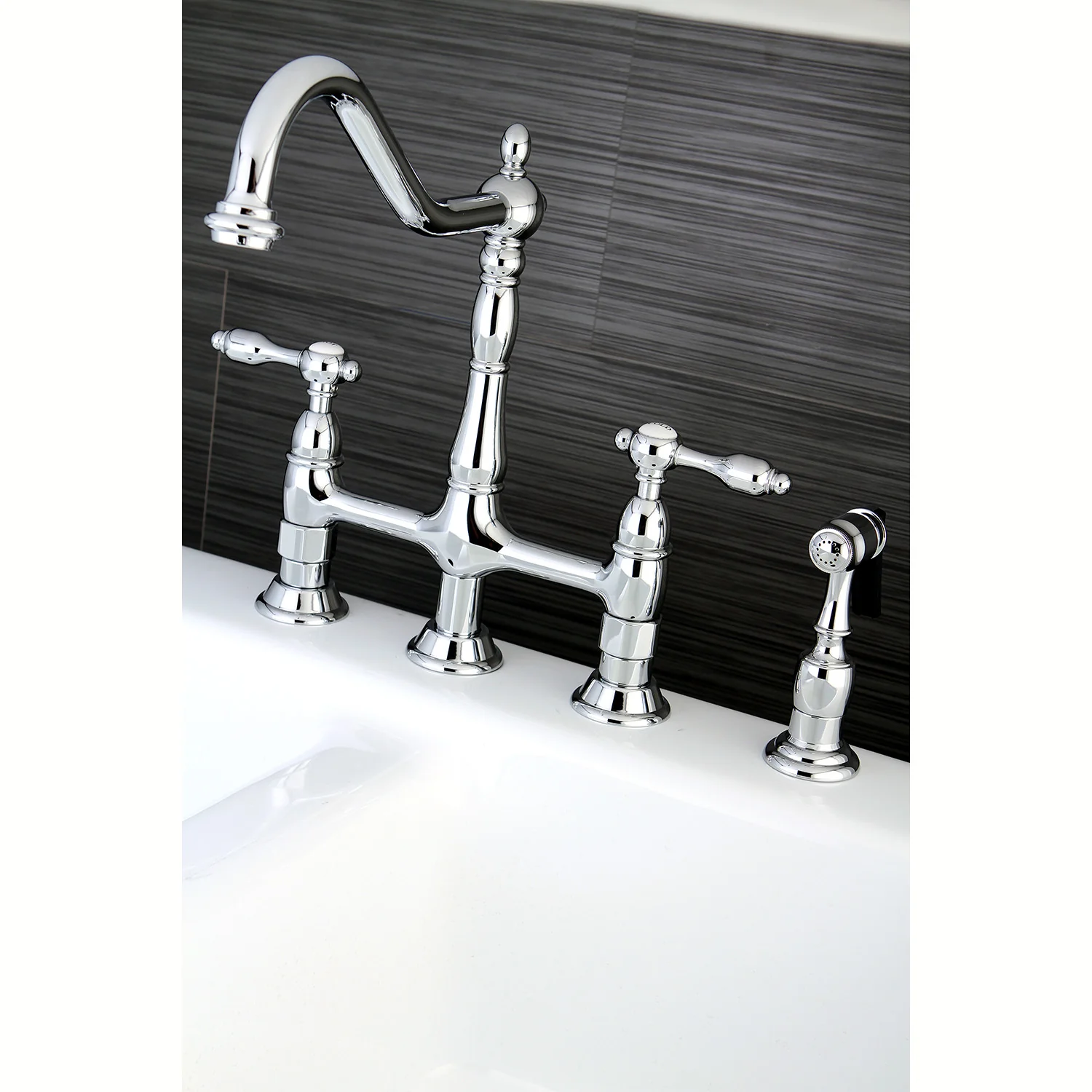 Kingston Heirloom KS1271TALBS - Tudor Two-Handle 4-Hole Deck Mount Bridge Kitchen Faucet with Brass Sprayer, Polished Chrome - Image 4
