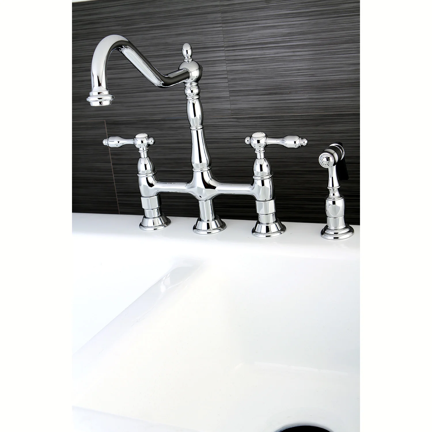 Kingston Heirloom KS1271TALBS - Tudor Two-Handle 4-Hole Deck Mount Bridge Kitchen Faucet with Brass Sprayer, Polished Chrome - Image 5