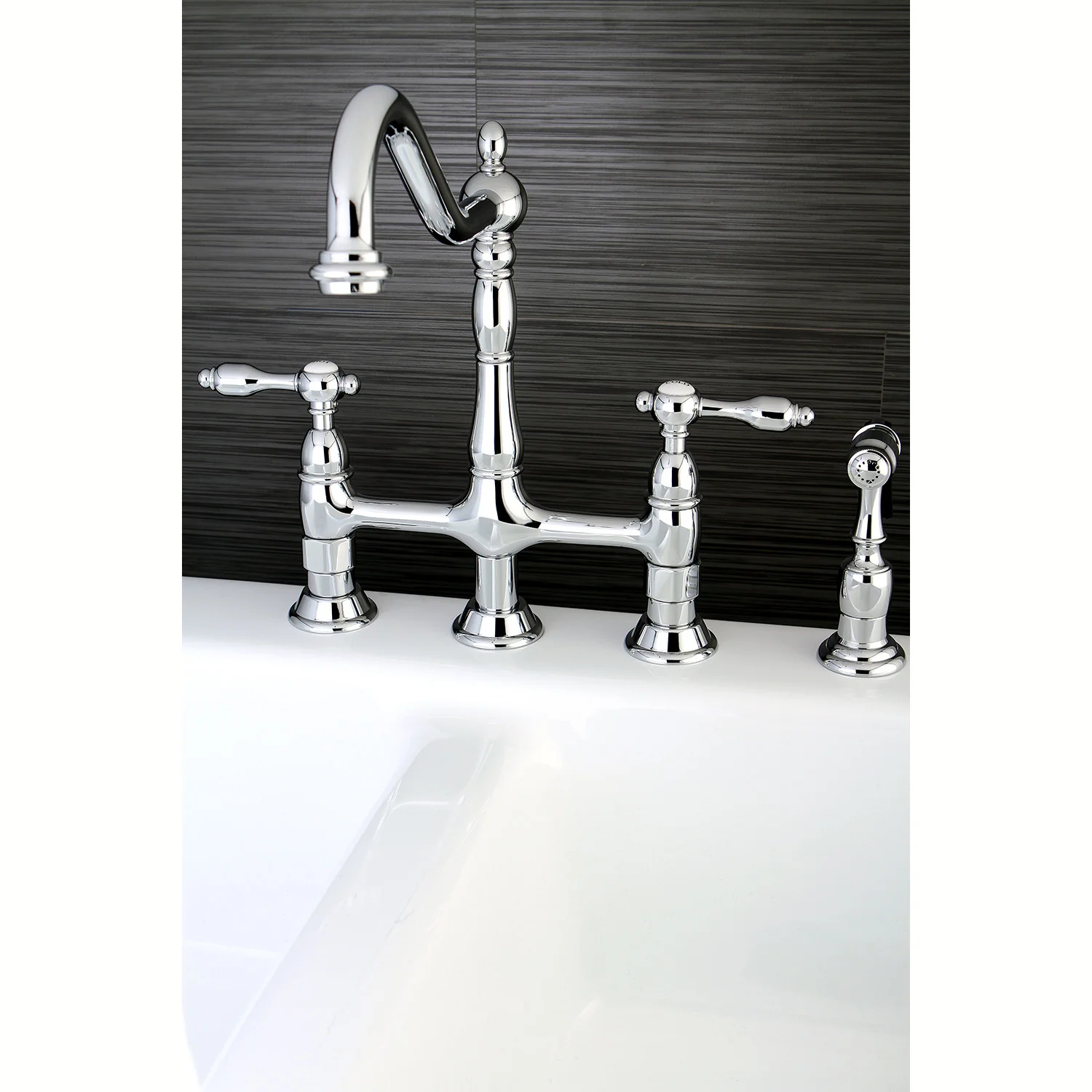 Kingston Heirloom KS1271TALBS - Tudor Two-Handle 4-Hole Deck Mount Bridge Kitchen Faucet with Brass Sprayer, Polished Chrome - Image 6