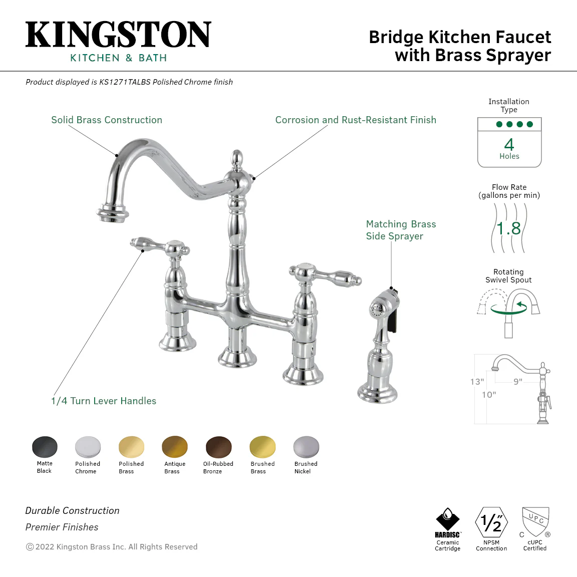 Kingston Heirloom KS1271TALBS - Tudor Two-Handle 4-Hole Deck Mount Bridge Kitchen Faucet with Brass Sprayer, Polished Chrome - Image 7