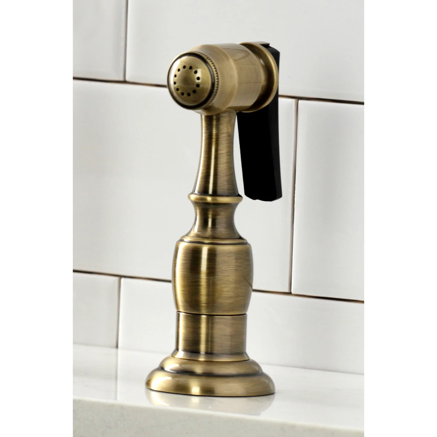 Kingston Heirloom KS1273PKLBS - Duchess Two-Handle 4-Hole Deck Mount Bridge Kitchen Faucet with Brass Sprayer, Antique Brass - Image 6