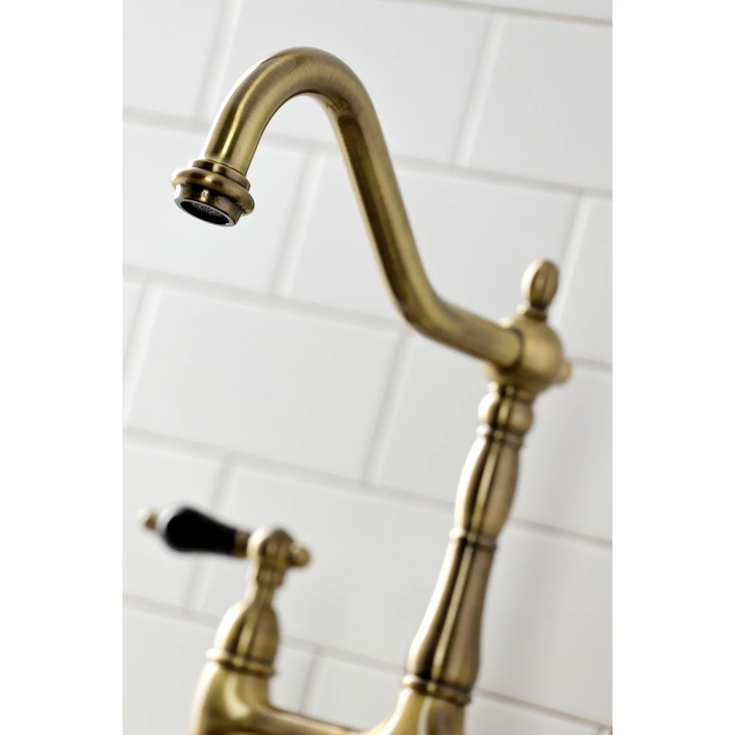 Kingston Heirloom KS1273PKLBS - Duchess Two-Handle 4-Hole Deck Mount Bridge Kitchen Faucet with Brass Sprayer, Antique Brass - Image 7