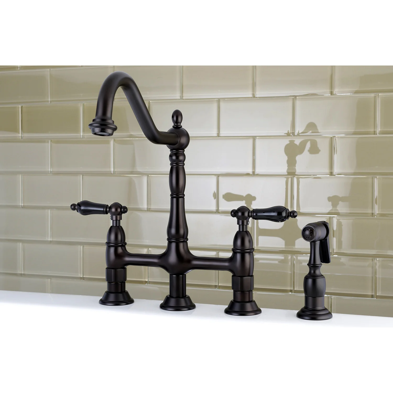 Kingston Heirloom KS1275PKLBS - Duchess Two-Handle 4-Hole Deck Mount Bridge Kitchen Faucet with Brass Sprayer, Oil Rubbed Bronze - Image 3