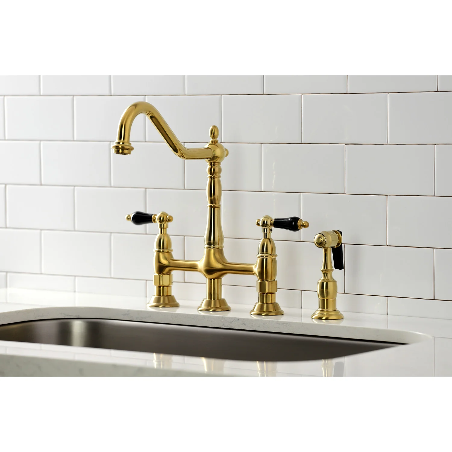Kingston Heirloom KS1277PKLBS - Duchess Two-Handle 4-Hole Deck Mount Bridge Kitchen Faucet with Brass Sprayer, Brushed Brass - Image 6
