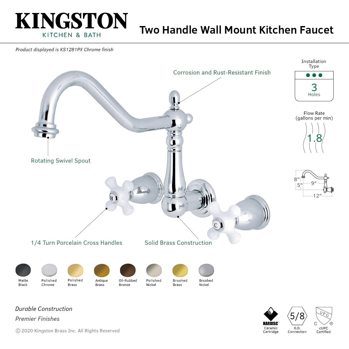 Kingston Heirloom KS1285PX - Heritage Two-Handle 3-Hole Wall Mount Kitchen Faucet, Oil Rubbed Bronze - Image 2