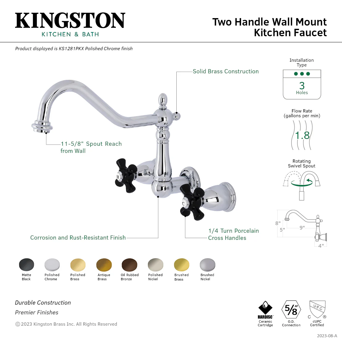 Kingston Heirloom KS1286PKX - Duchess Two-Handle 3-Hole Wall Mount Kitchen Faucet, Polished Nickel - Image 2