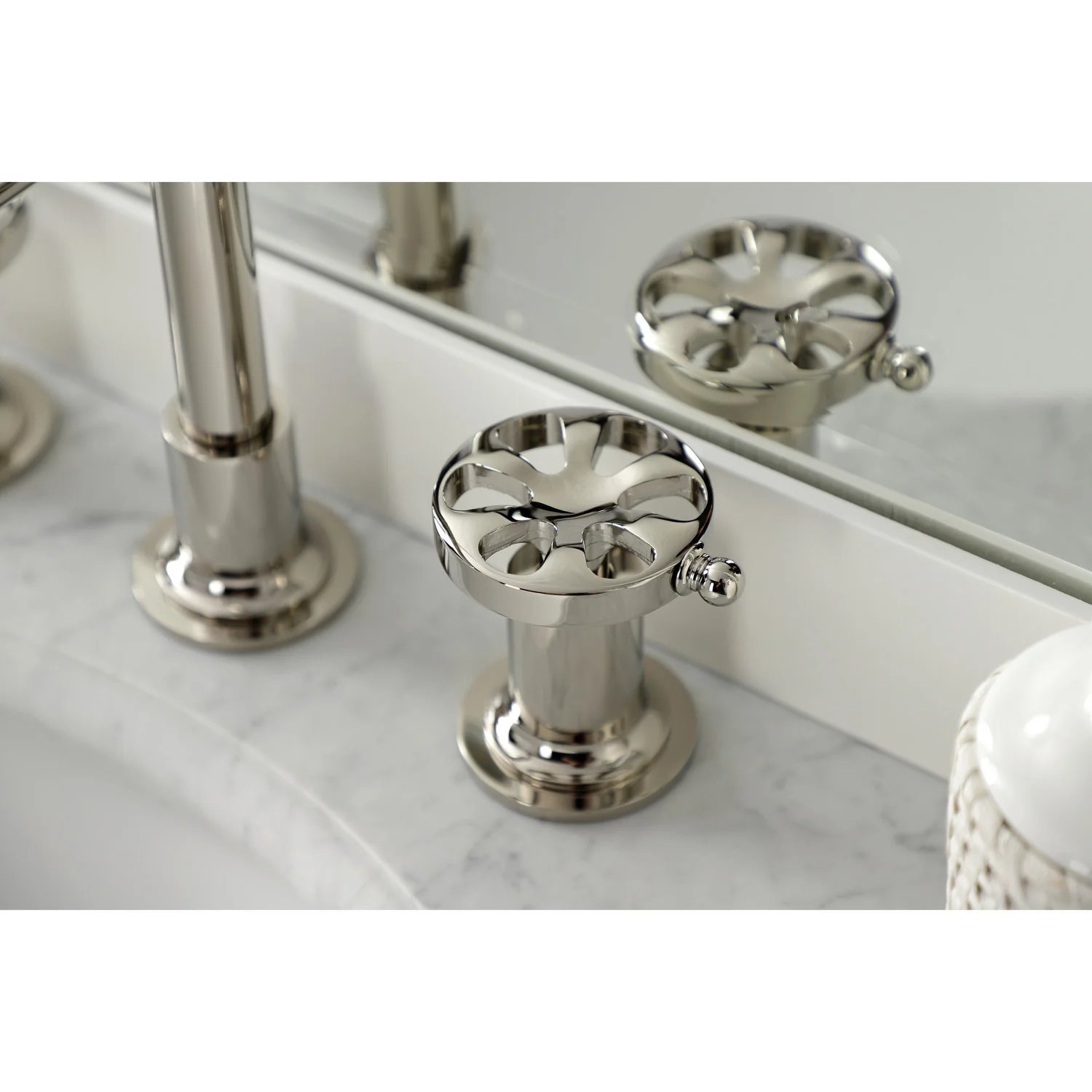 Kingston Sona KS142RXPN - Belknap Two-Handle 3-Hole Deck Mount Widespread Bathroom Faucet with Push Pop-Up Drain, Polished Nickel - Image 2