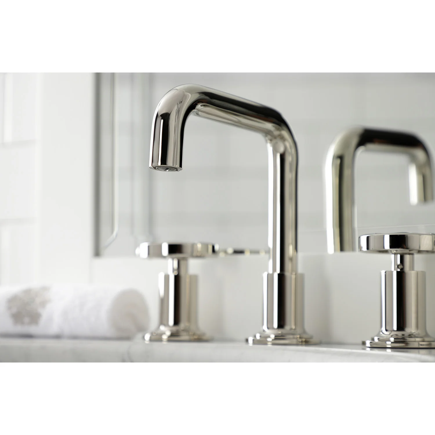 Kingston Sona KS142RXPN - Belknap Two-Handle 3-Hole Deck Mount Widespread Bathroom Faucet with Push Pop-Up Drain, Polished Nickel - Image 3