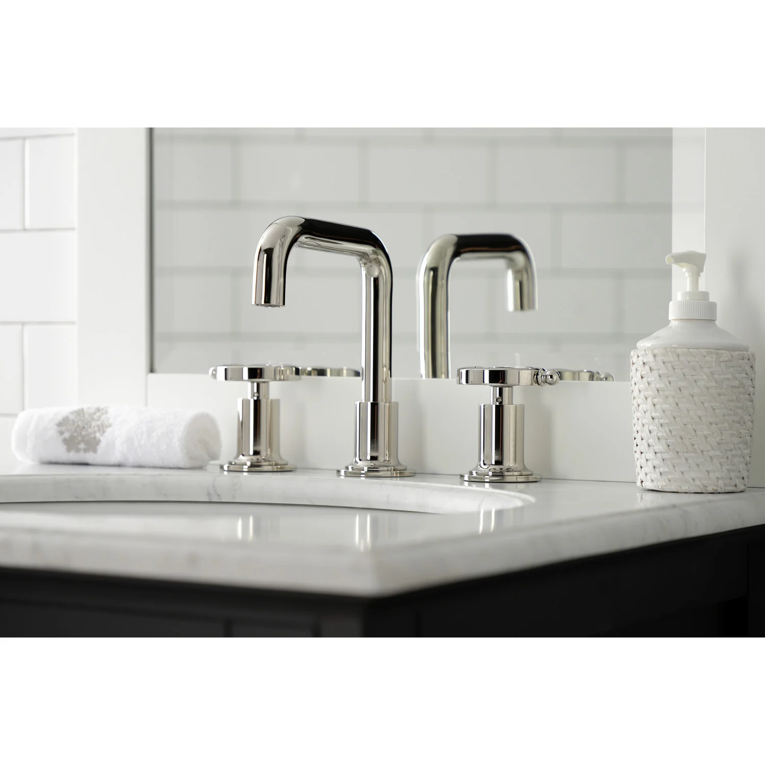 Kingston Sona KS142RXPN - Belknap Two-Handle 3-Hole Deck Mount Widespread Bathroom Faucet with Push Pop-Up Drain, Polished Nickel - Image 5