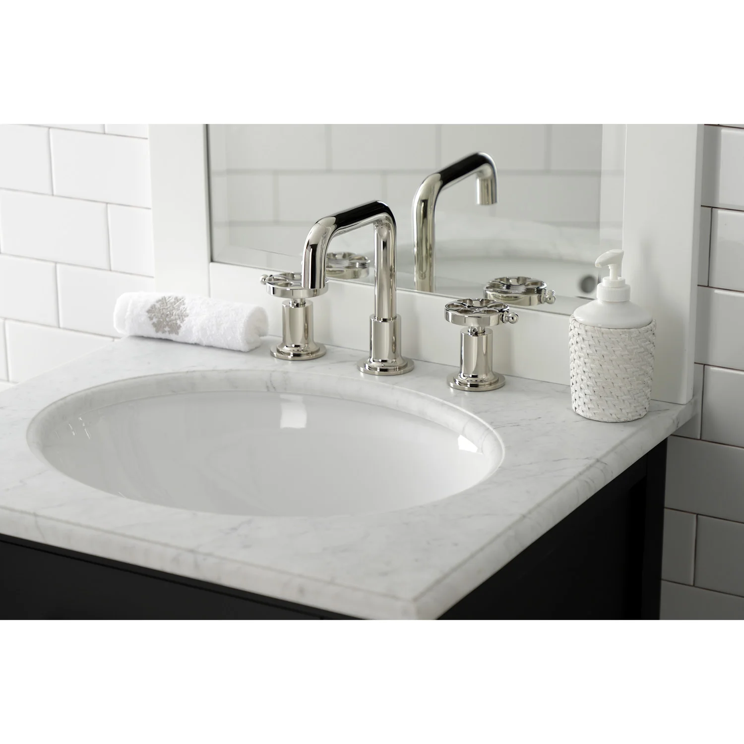 Kingston Sona KS142RXPN - Belknap Two-Handle 3-Hole Deck Mount Widespread Bathroom Faucet with Push Pop-Up Drain, Polished Nickel - Image 6